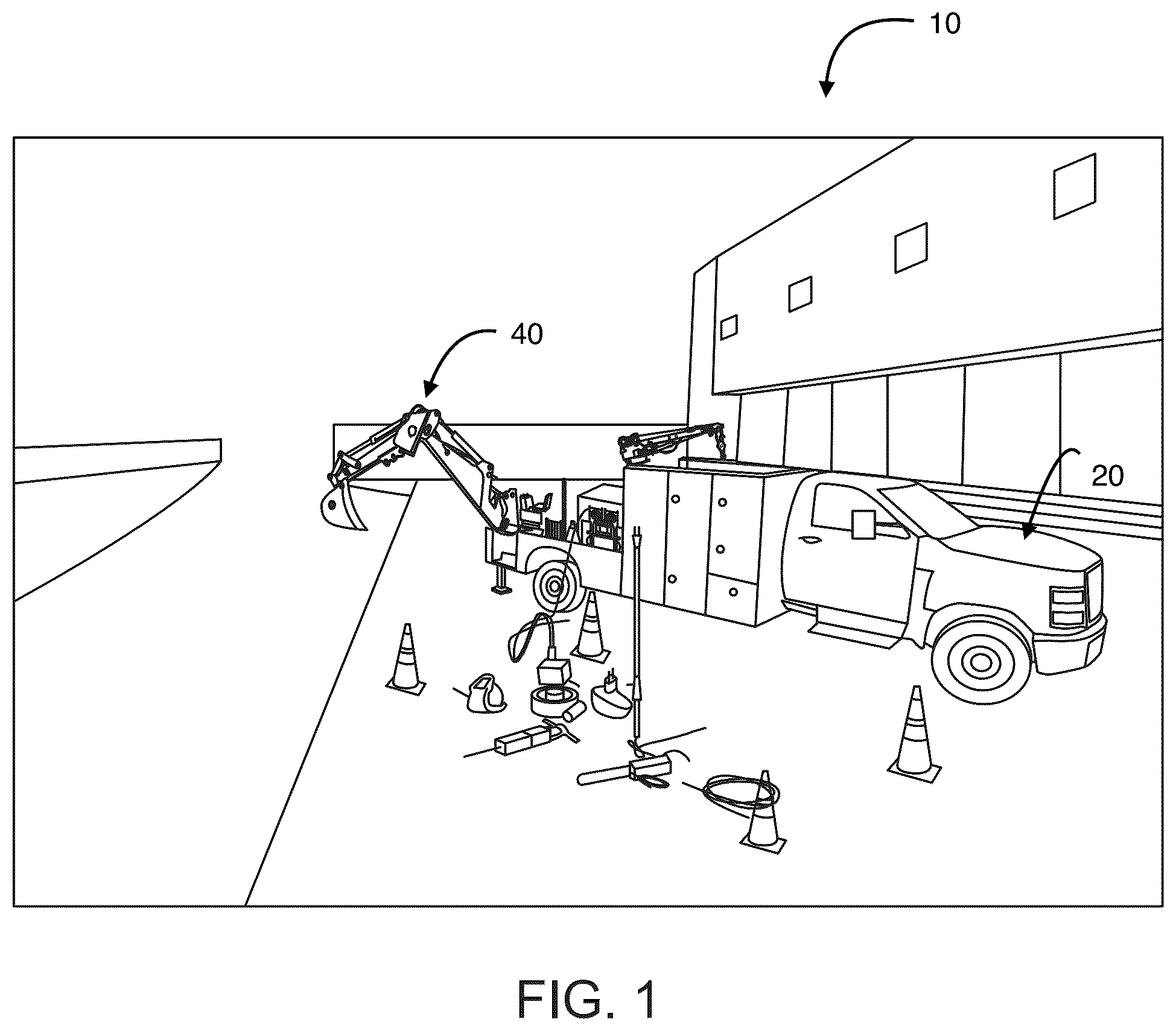 Patent US12129625 — Utility truck body with integrated multifunctional hydraulic arm and lift assembly — Figure 1