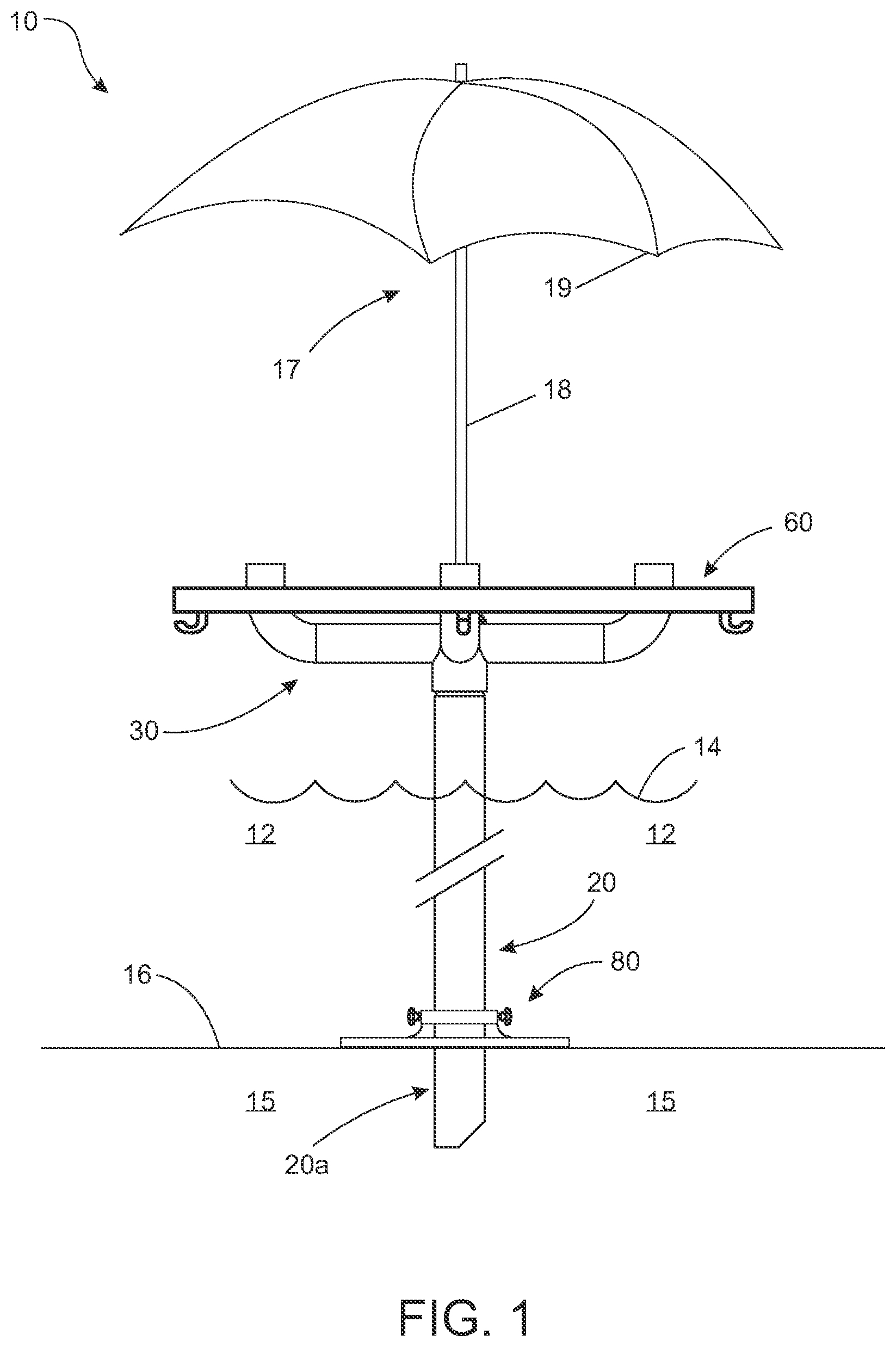 Patent US12129675 — Umbrella anchoring, stabilizing, and accessory holding assembly — Figure 1
