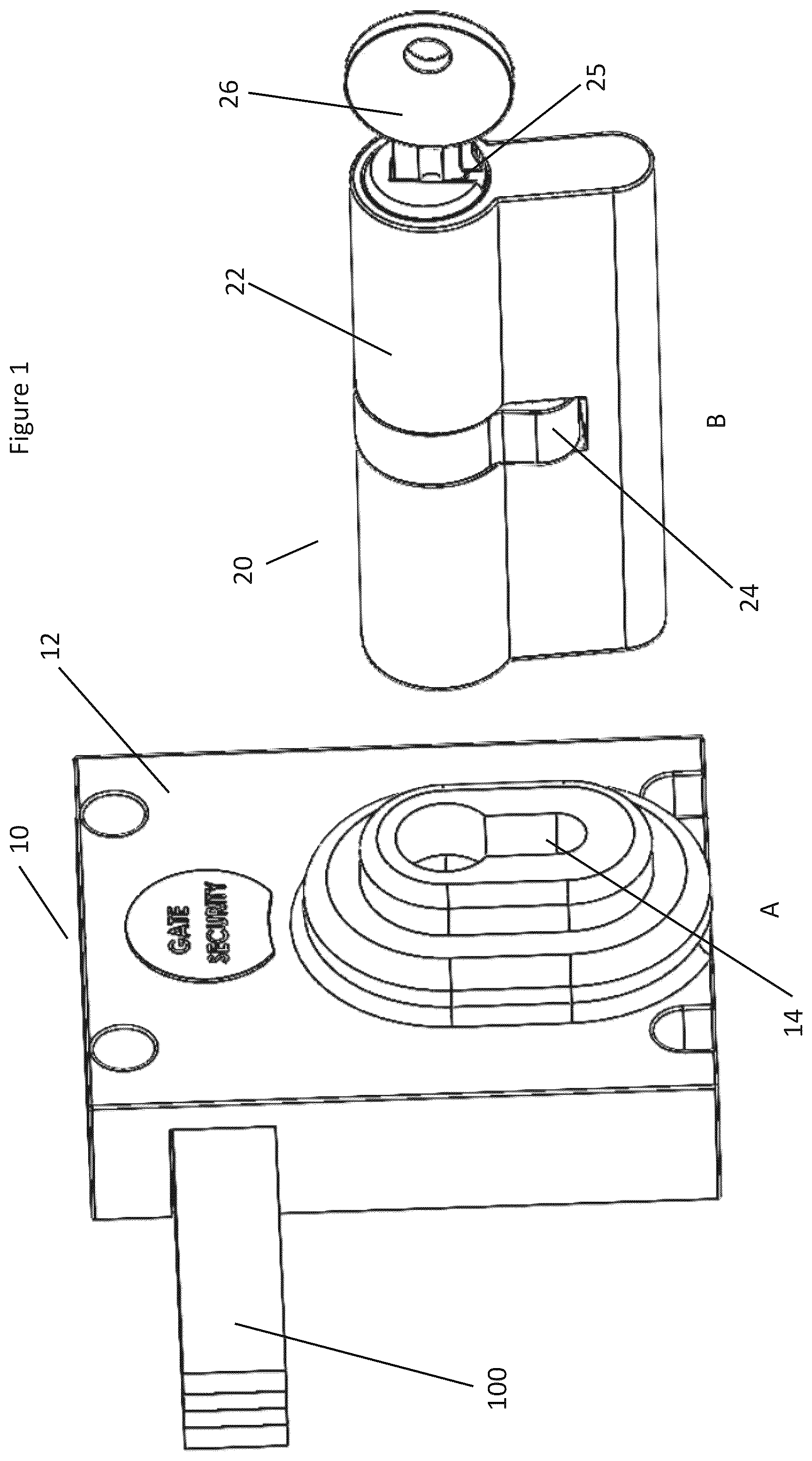 Patent US12129697 — Long throw lock — Figure 1