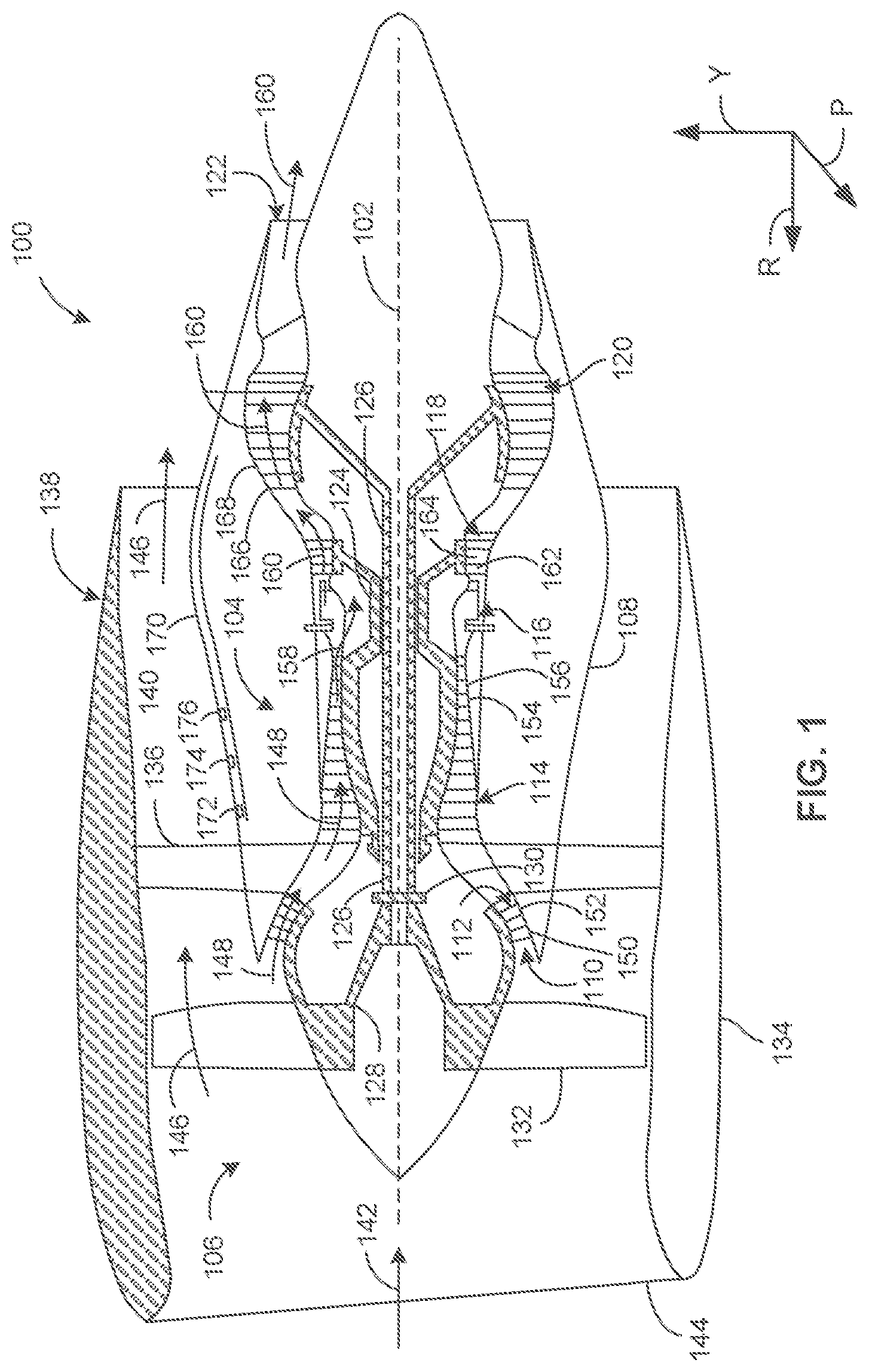 Patent US12129767 — Gas turbine mounting configurations for bending mitigation — Figure 1