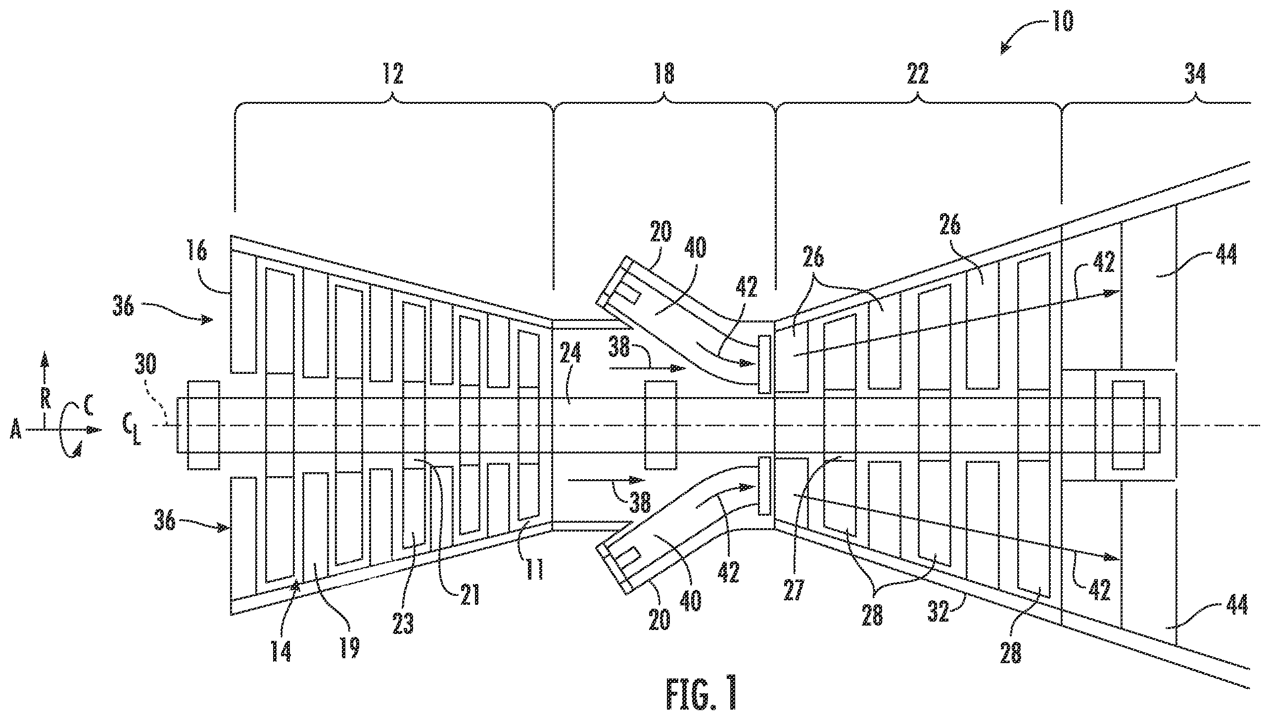 Patent US12129771 — Stator vane assembly having mechanical retention device — Figure 1