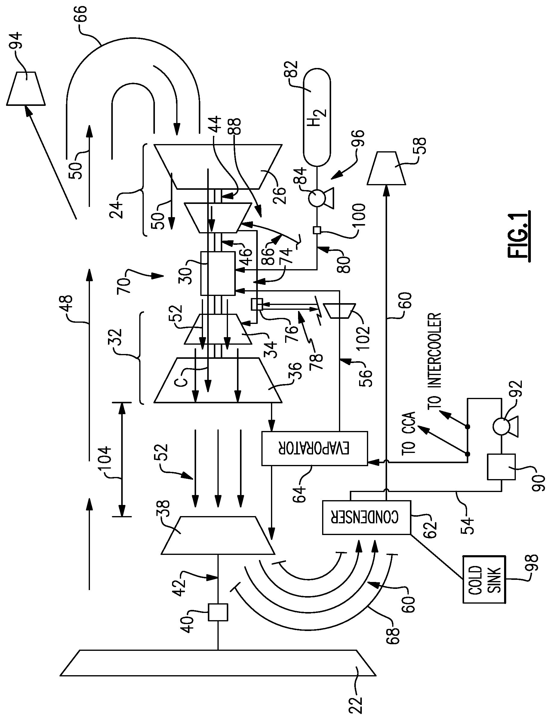 Patent US12129774 — Hydrogen fueled turbine engine pinch point water separator — Figure 1