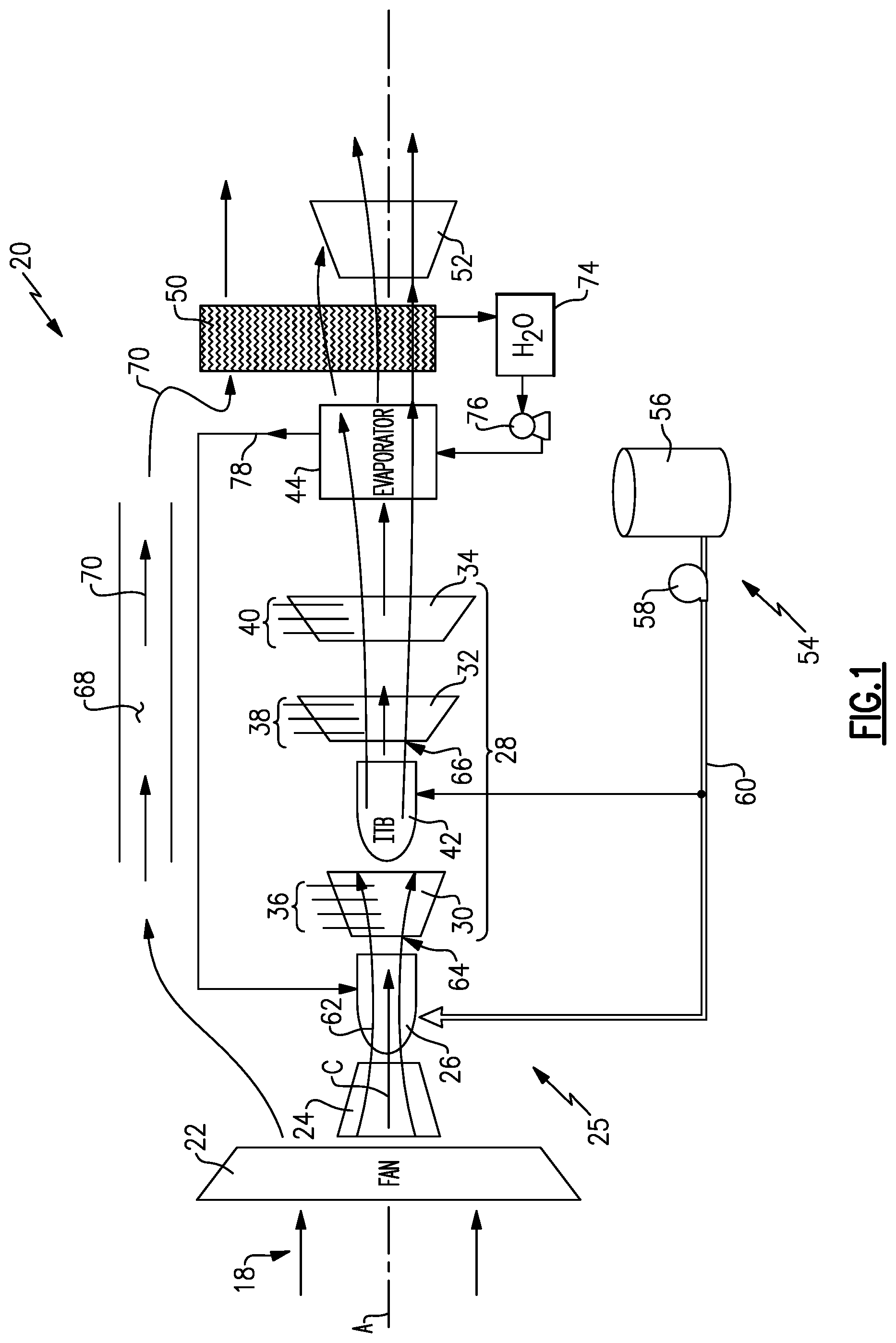 Patent US12129787 — Inter-turbine burner in recuperation cycle engine — Figure 1