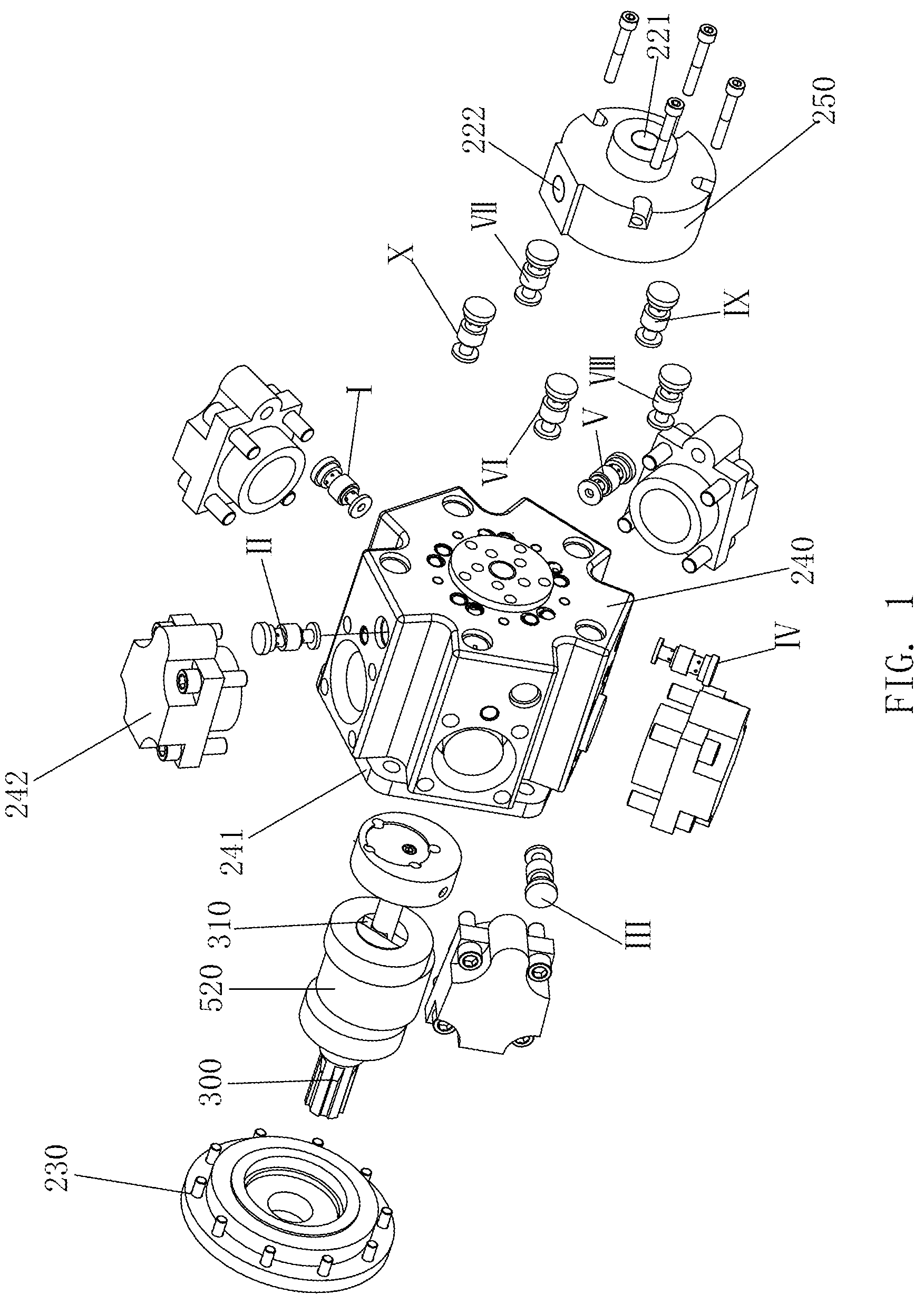 Patent US12129874 — Radial piston hydraulic device distributing flow by pilot operated check valves and operating method thereof — Figure 1