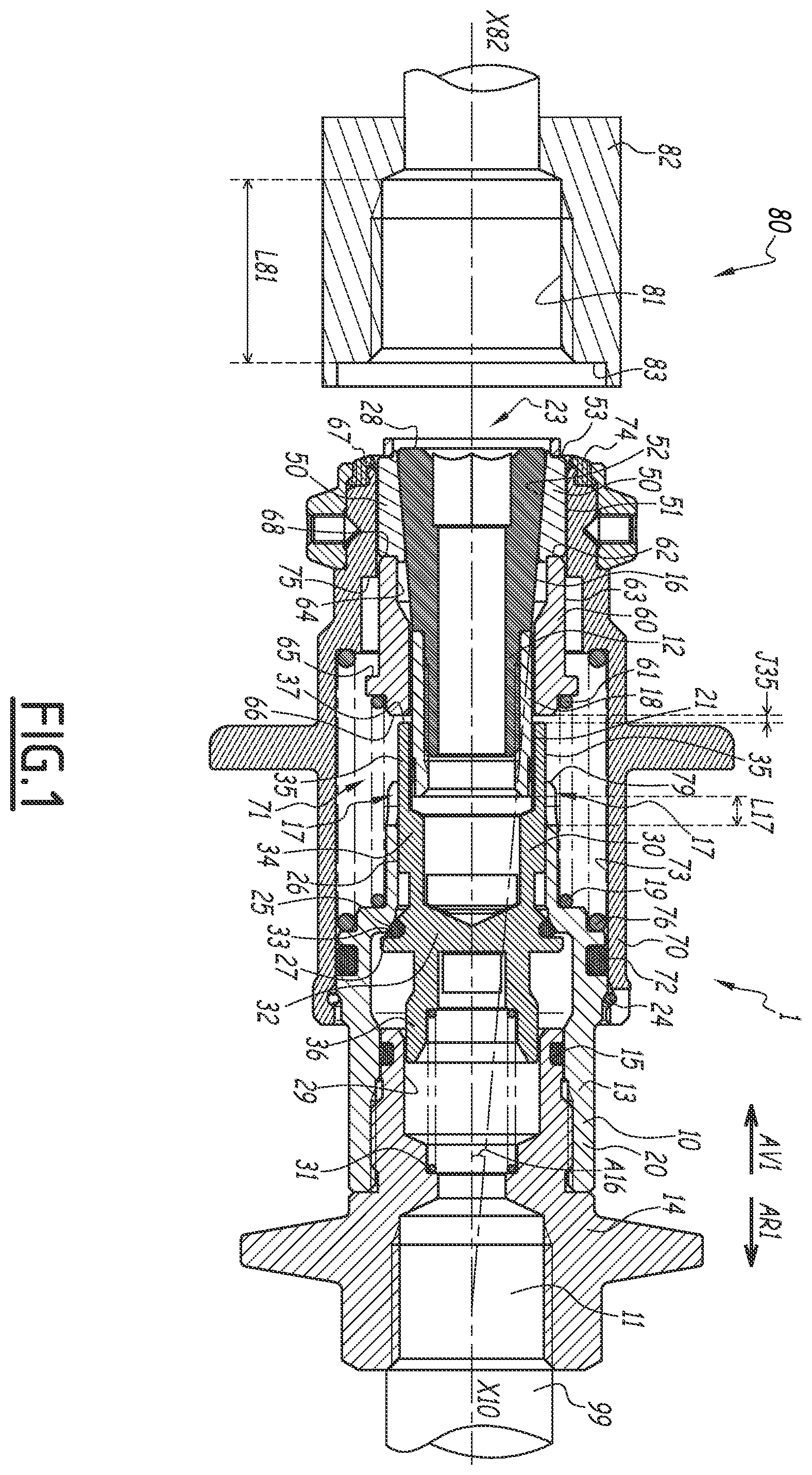 Patent US12129949 — Coupling element for a fluidic connection to a terminal — Figure 1