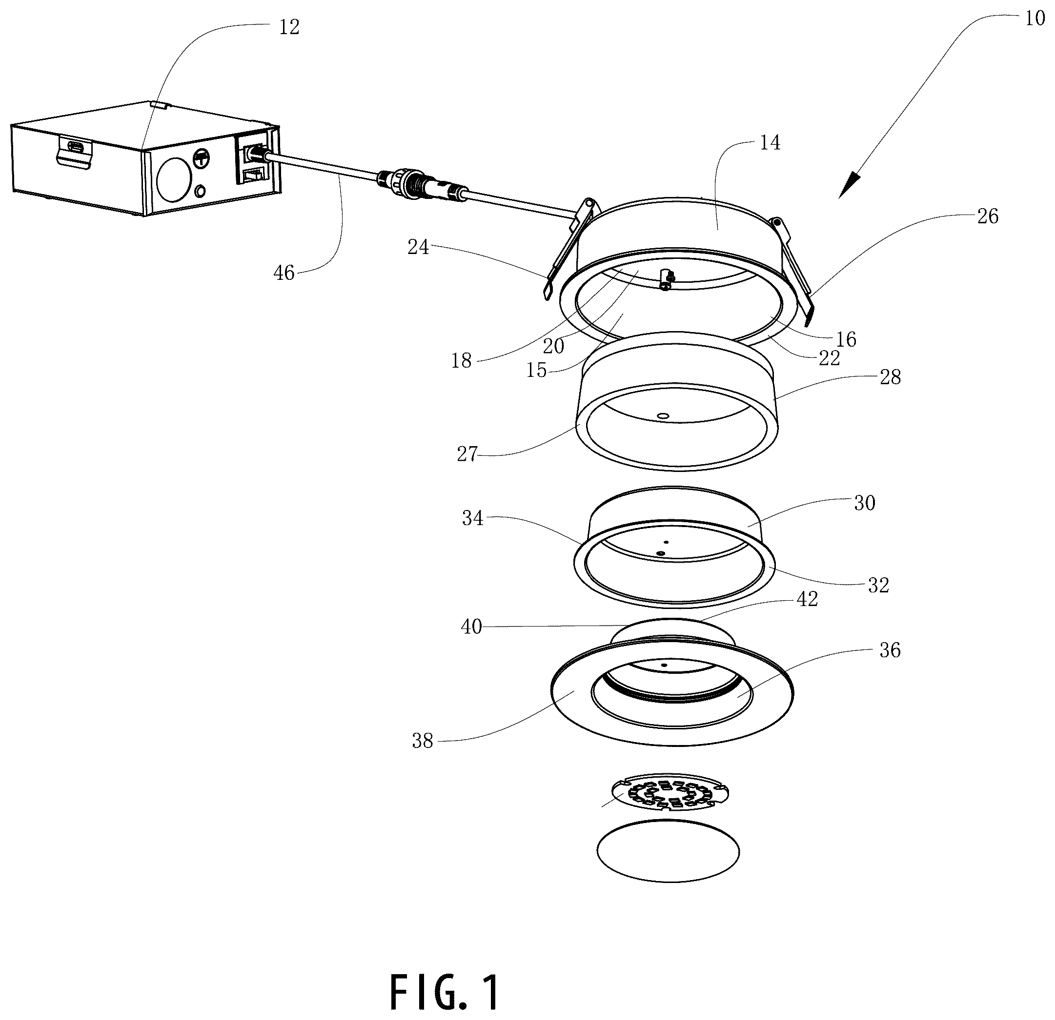 Patent US12129999 — Direct mount fire rated recessed luminaire — Figure 1