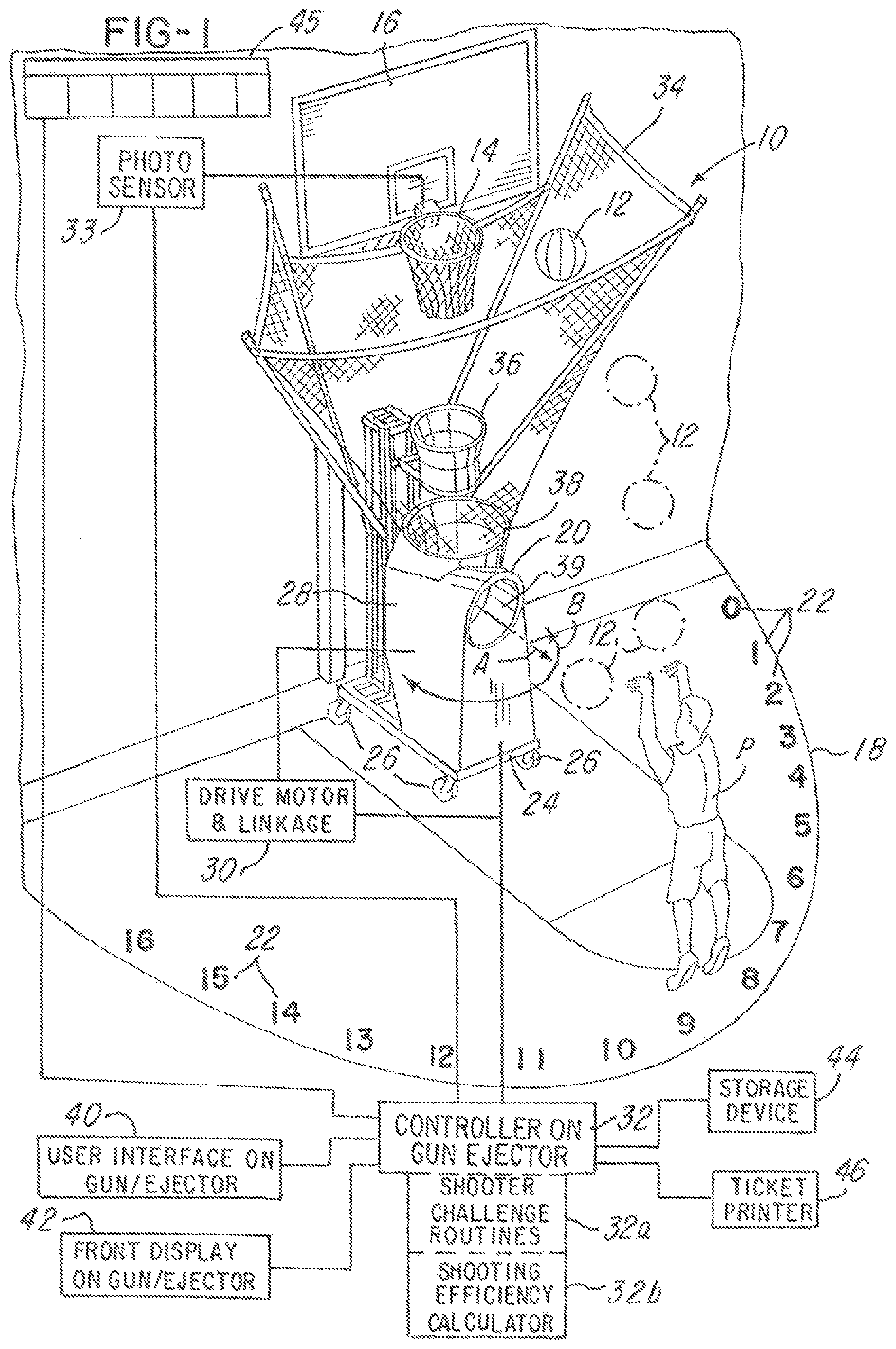 Patent US12134020 — System and method for improving a basketball player's shooting by remote access to shooting information and practice session replication — Figure 1