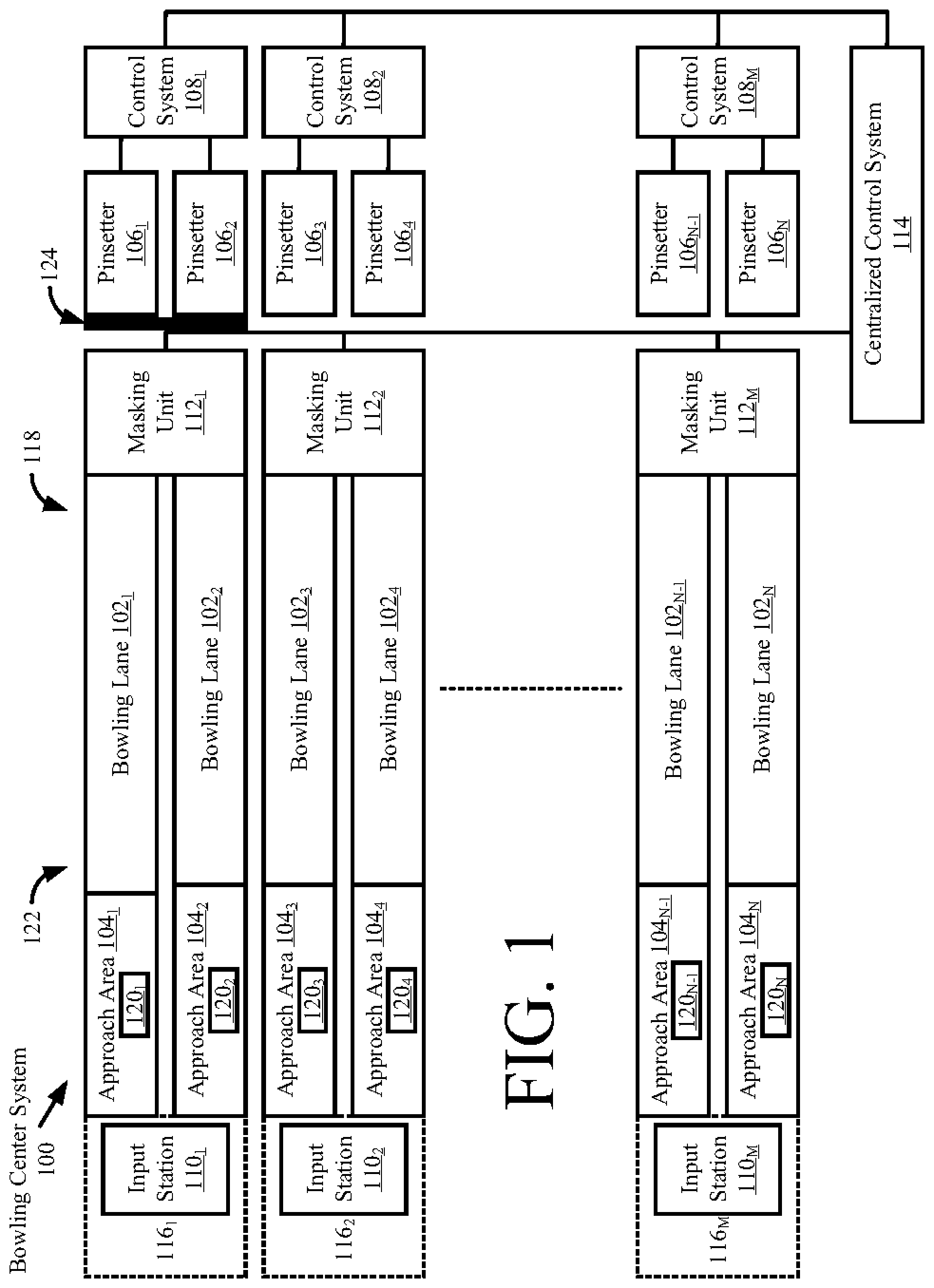 Patent US12134026 — Systems and methods for masking pinsetters of bowling lanes — Figure 1