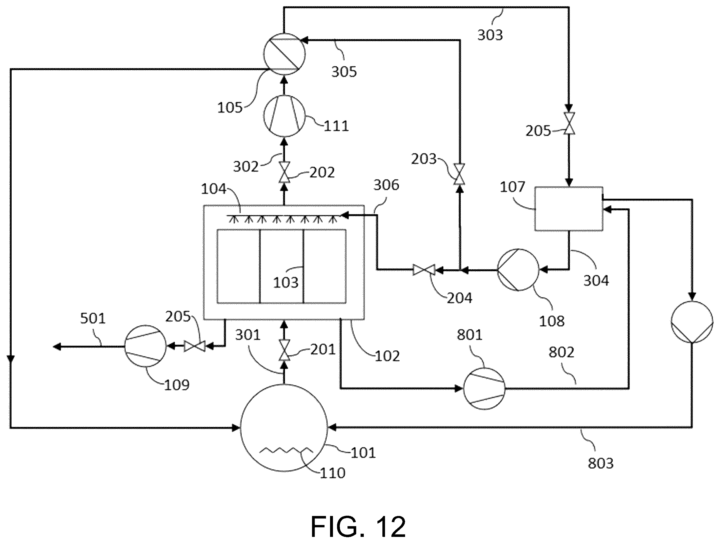 Patent US12134069 Figure 12 – Mechanical vapor re-compressor heat pump for separating CO 2 from water vapor in temperature-vacuum swing adsorption cycles