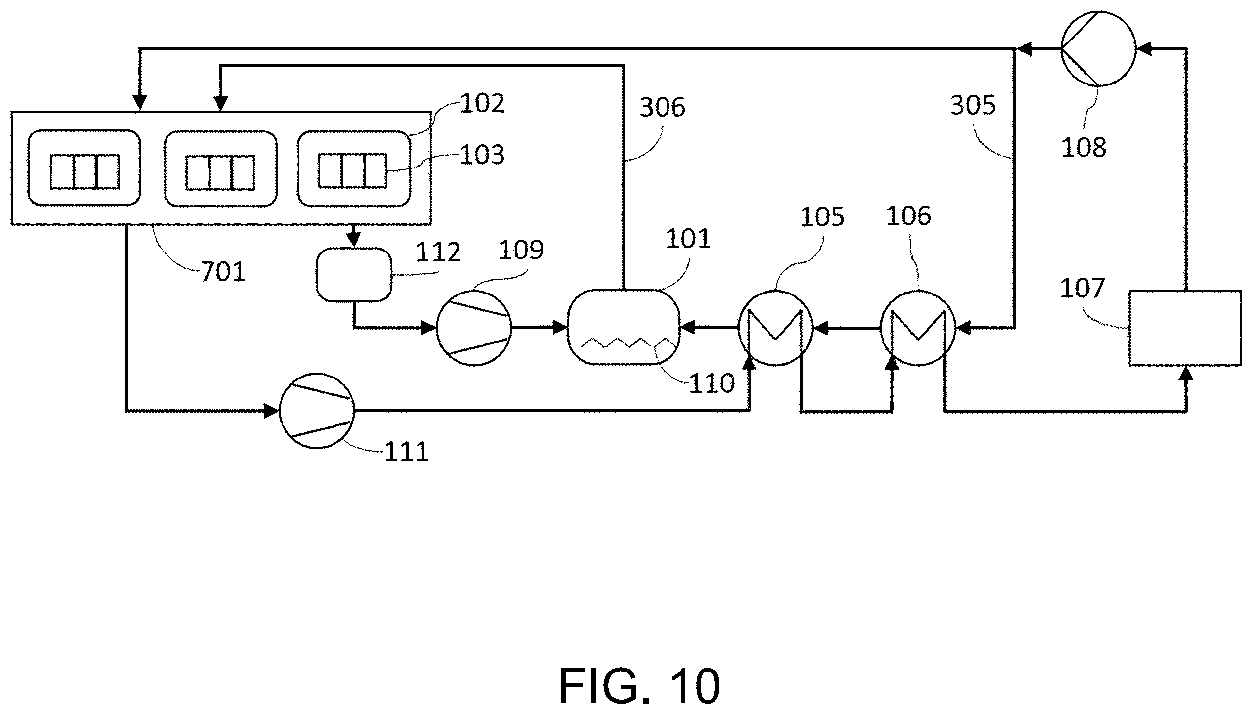 Patent US12134070 Figure 10 – Mechanical vapor re-compressor heat pump for separating CO 2 from water vapor in temperature-vacuum swing adsorption cycles