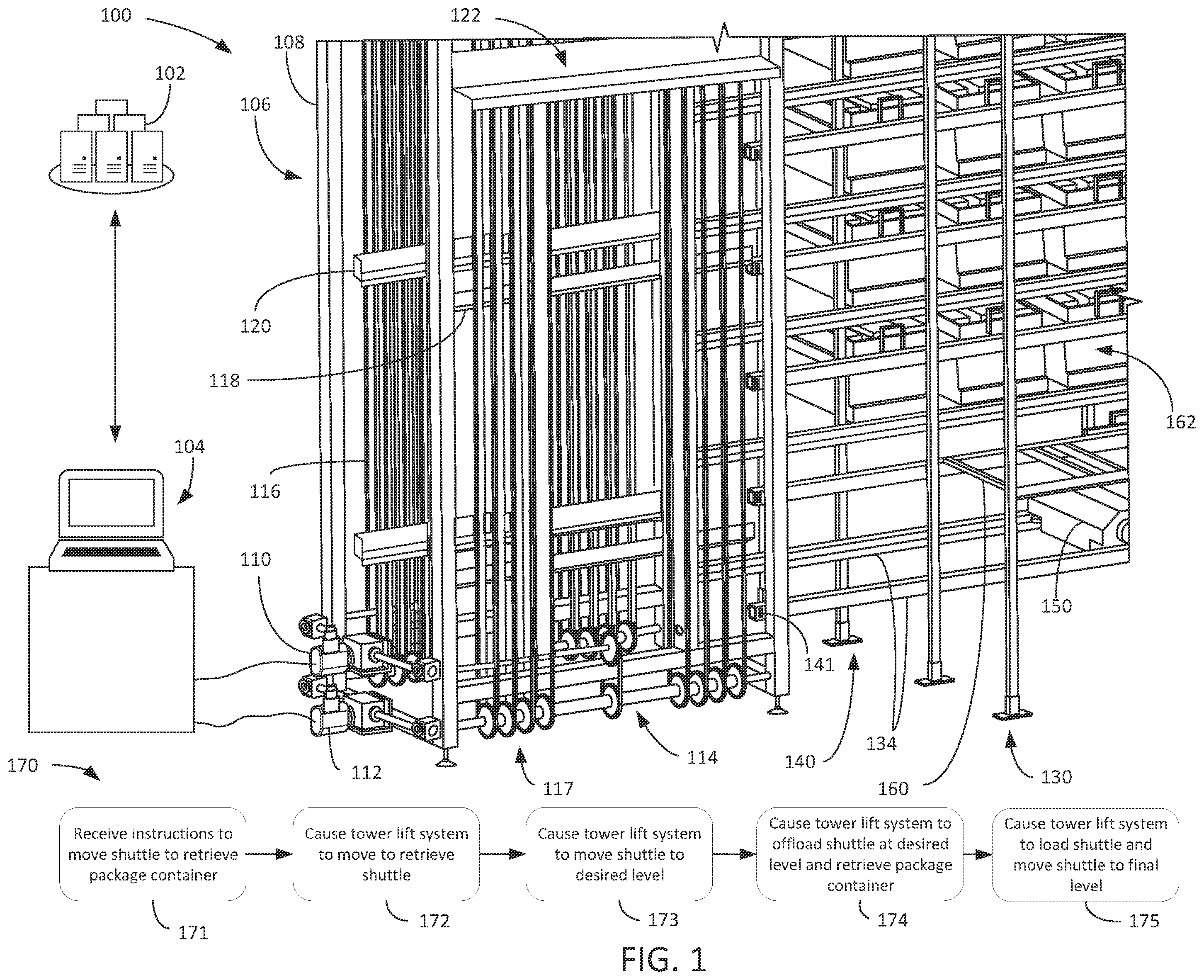 Patent US12134112 — Systems and methods for lifting and descending payload shuttles with high throughput and a reduced footprint — Figure 1
