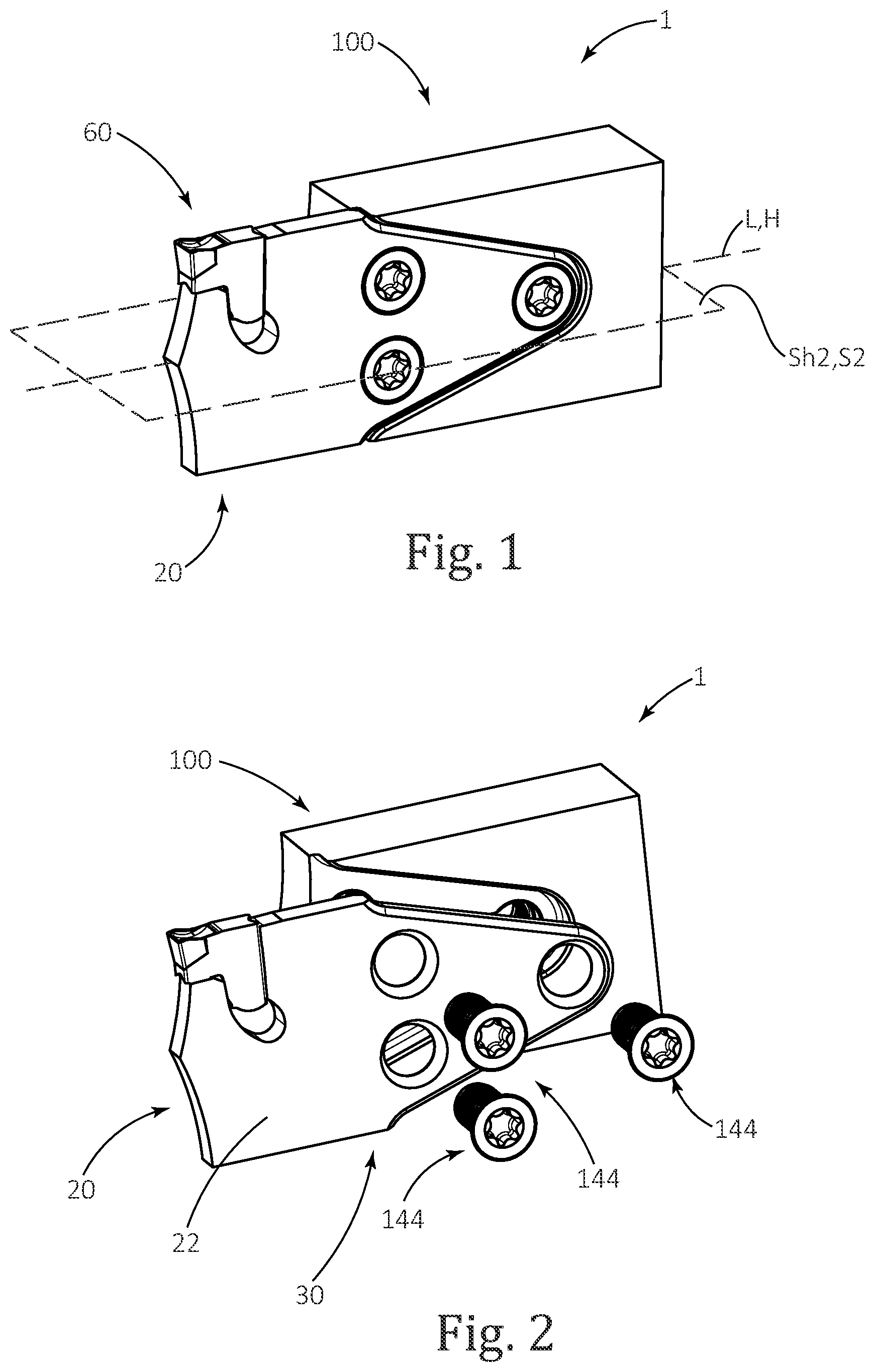 Patent US12134135 — Symmetric cutting tool including cutting blade and tool holder provided with converging abutment surfaces — Figure 1
