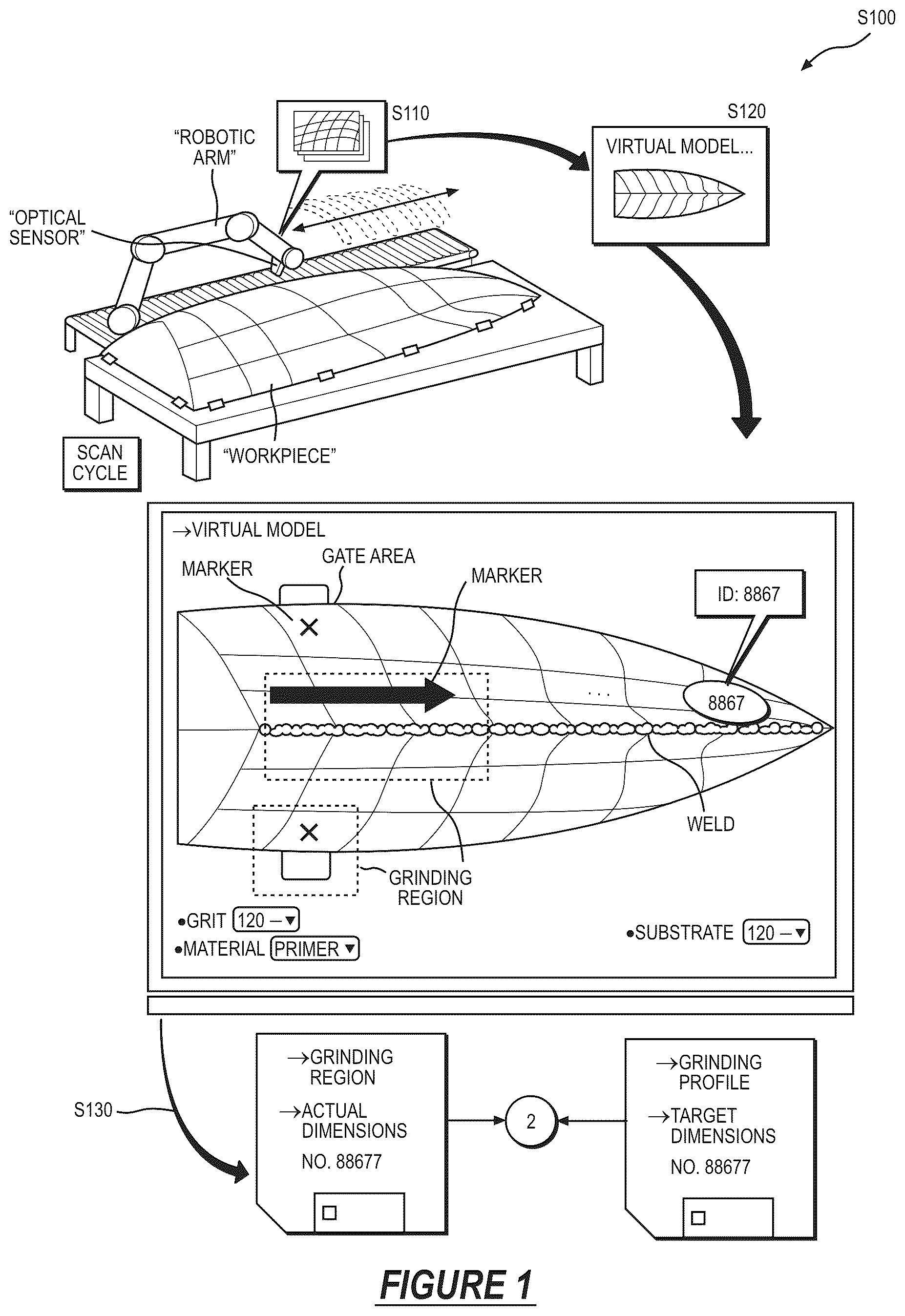 Patent US12134166 — System and method for autonomously grinding a workpiece — Figure 1