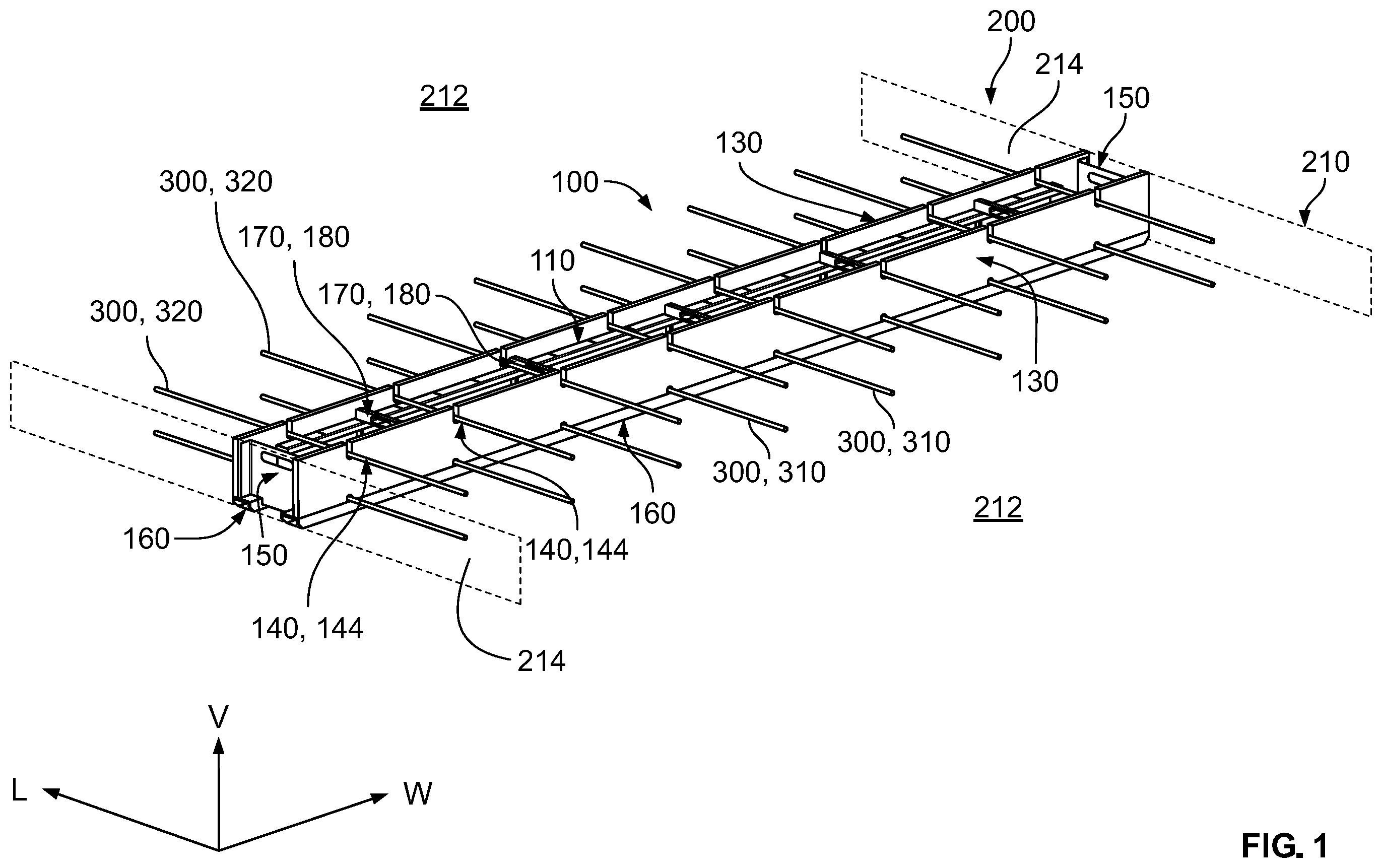 Patent US12134209 Figure 1 – Bulkhead system for concrete casting bed