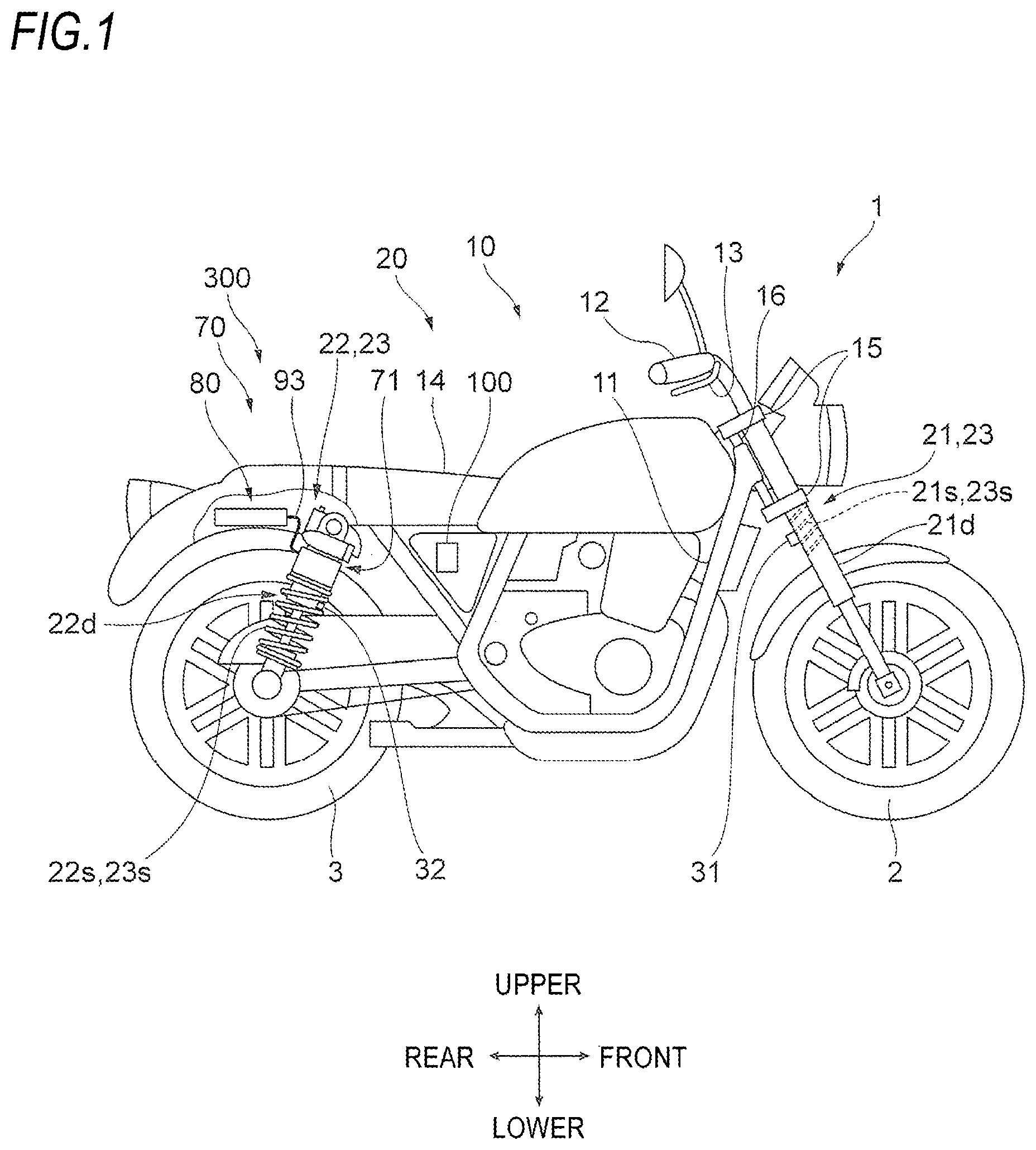 Patent US12134294 — Load weight derivation device, control device, suspension system, saddle-ride-type vehicle, vehicle height adjustment device — Figure 1