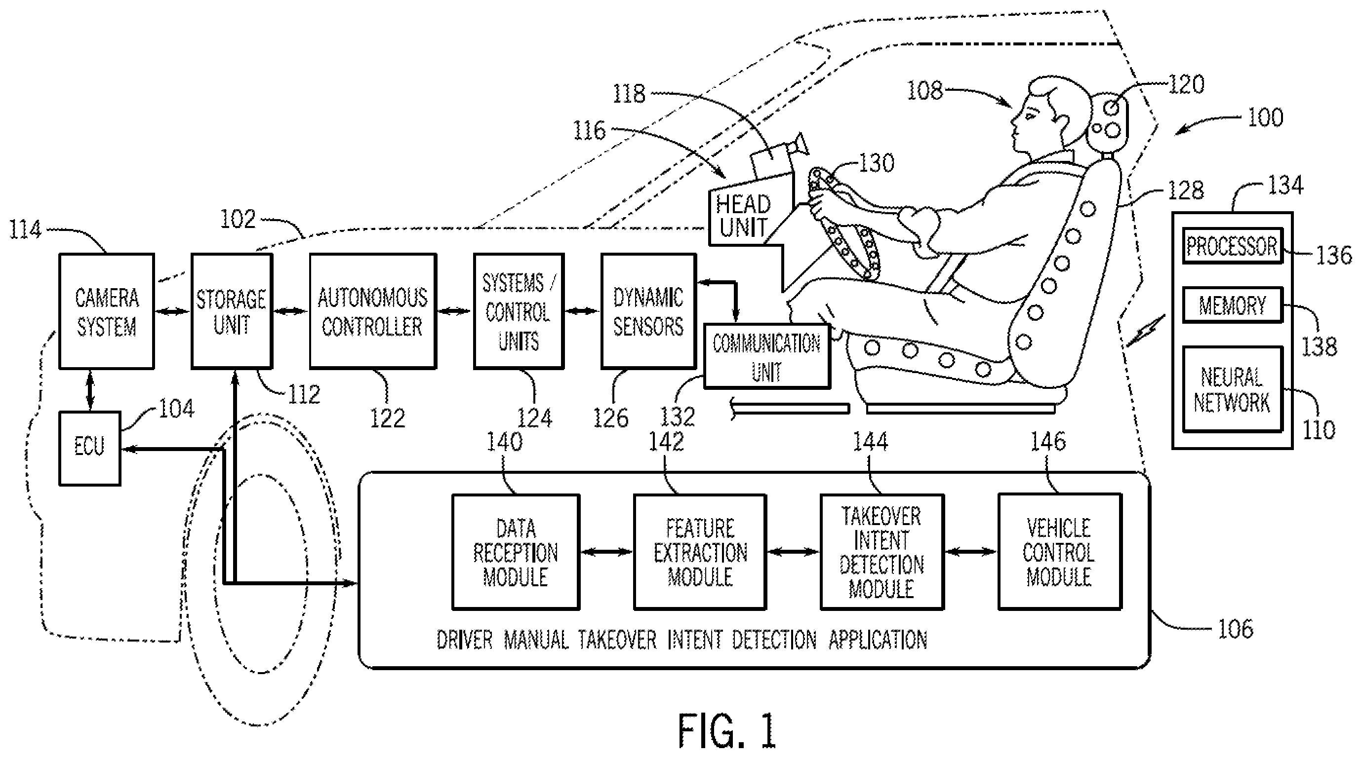 Patent US12134404 — System and method for detecting a perceived level of driver discomfort in an automated vehicle — Figure 1