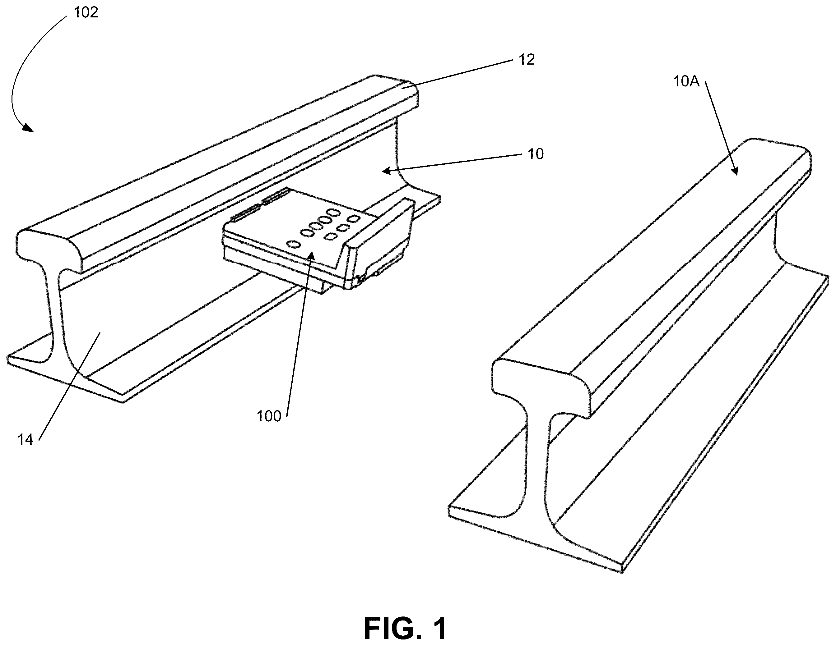 Patent US12134413 — Derailment mitigation device for railroads and rail tracks — Figure 1