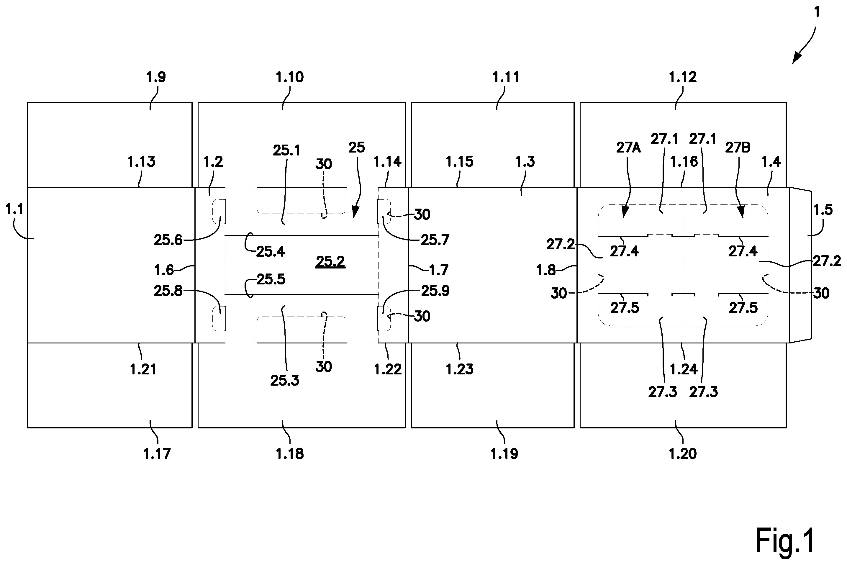 Patent US12134504 — Multiple package of packs of sheets, formed by a laminar material that forms a dispenser and laminar material for forming said package — Figure 1