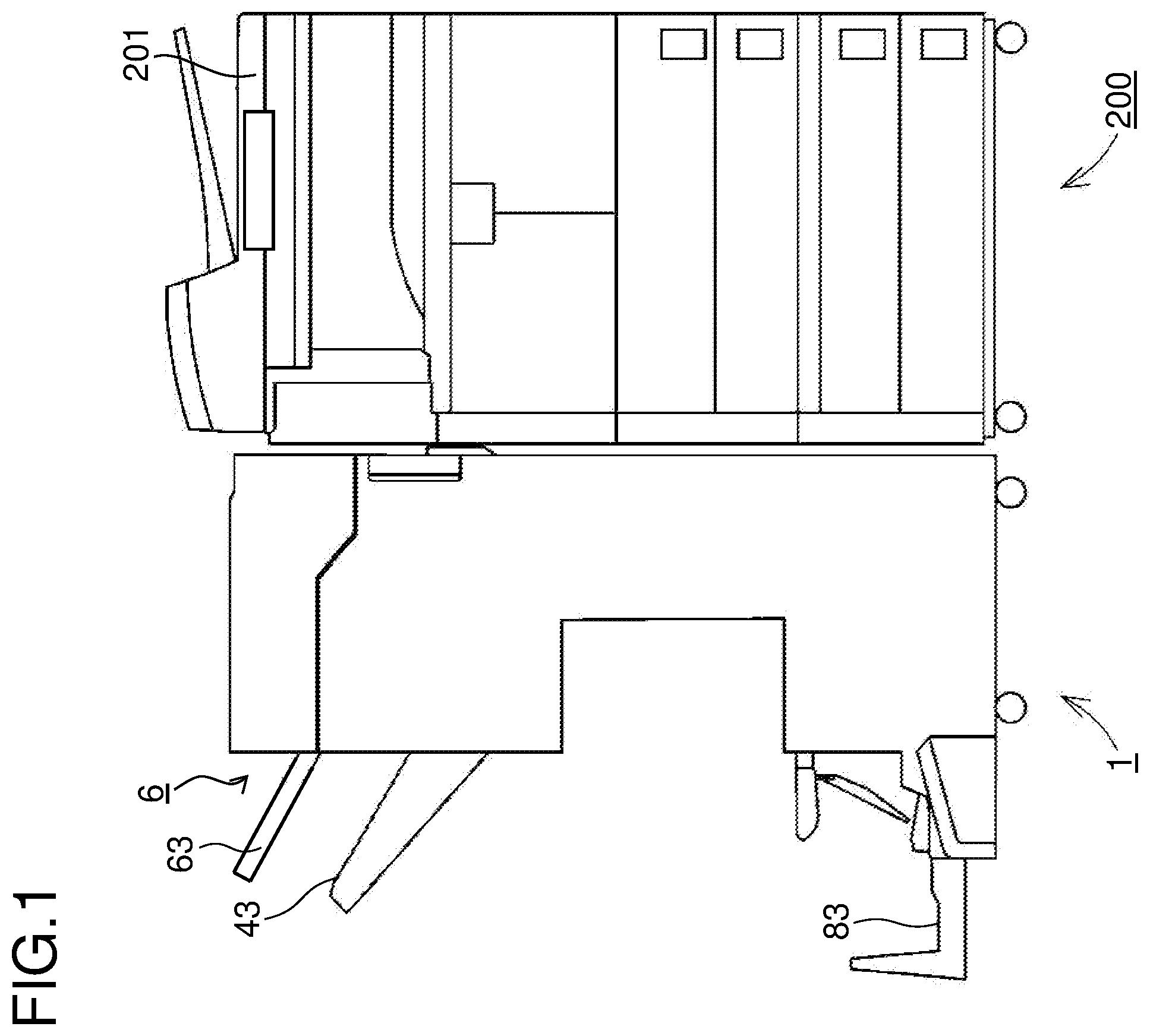 Patent US12134538 — Sheet discharge device and sheet postprocessing device provided therewith — Figure 1