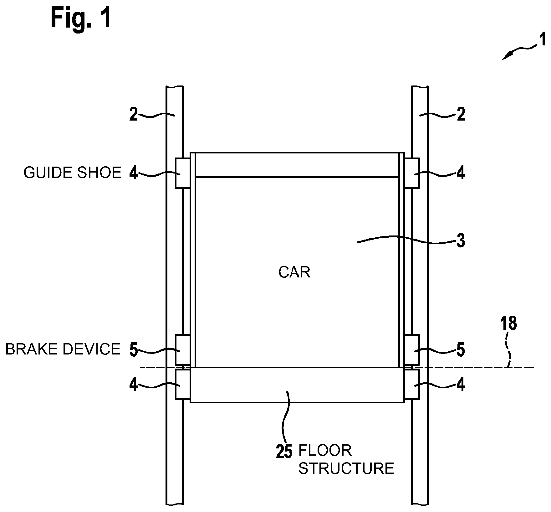 Patent US12134543 — Elevator system arrangement having an elevator brake device — Figure 1