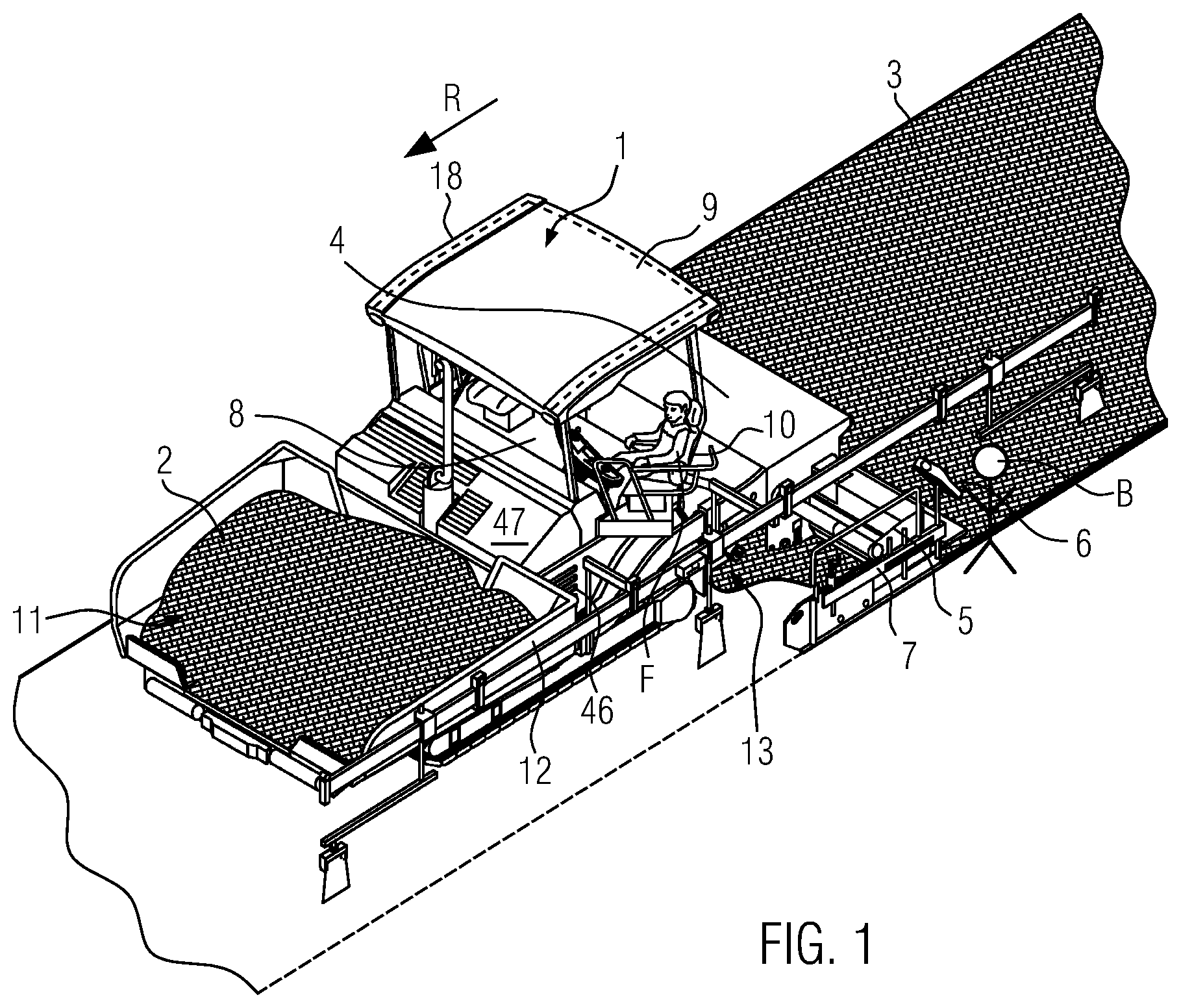 Patent US12134865 — Road construction machine with air barrier device and method — Figure 1