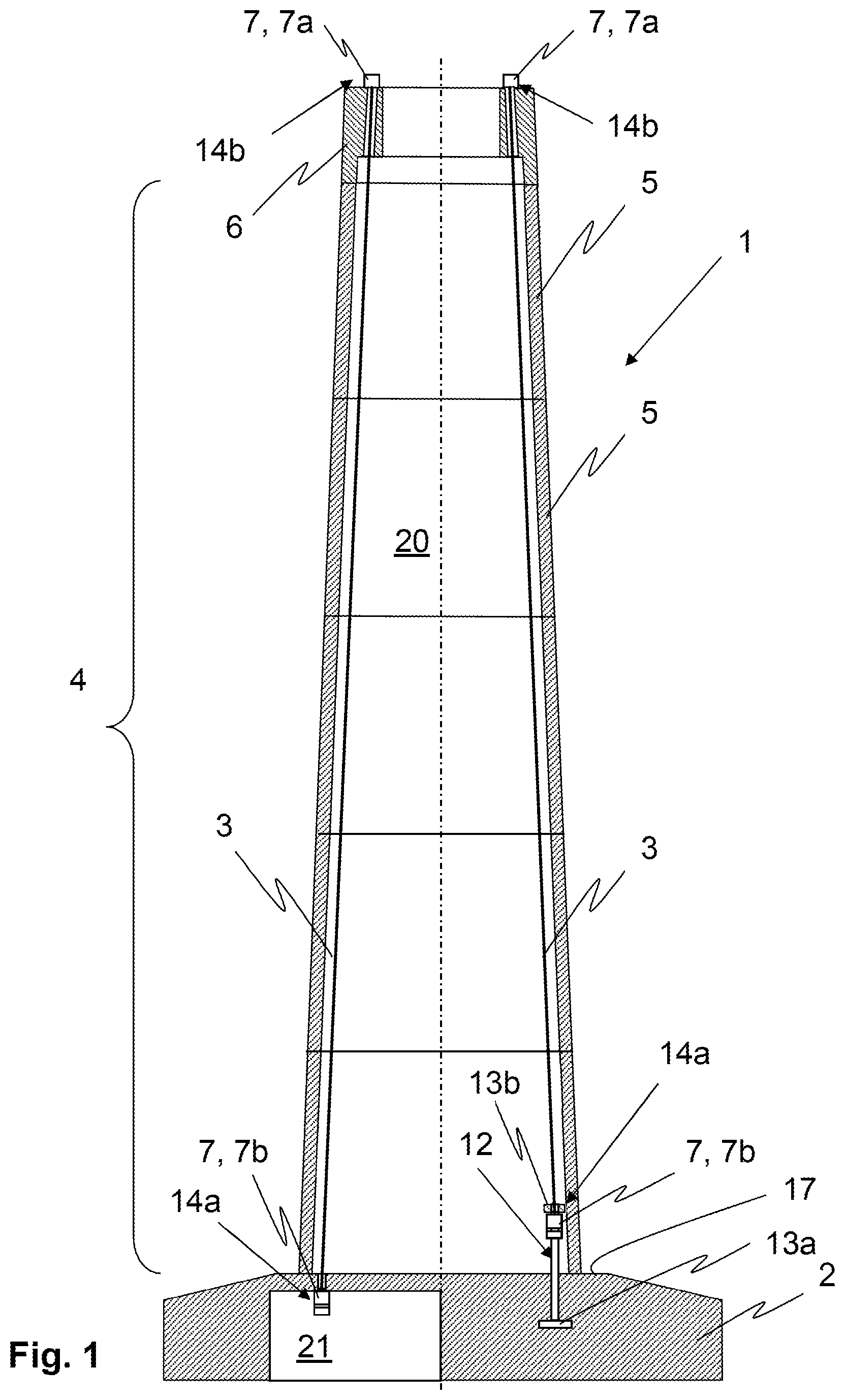 Patent US12134895 Figure 1 – Structure pretensioned by at least one tensioning element, and method for producing a structure pretensioned by at least one tensioning element