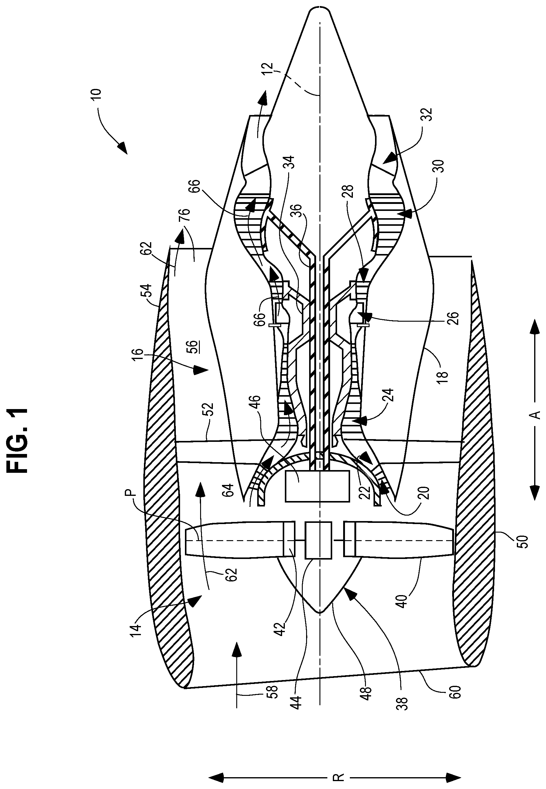 Patent US12134974 — Core air leakage redirection structures for aircraft engines — Figure 1