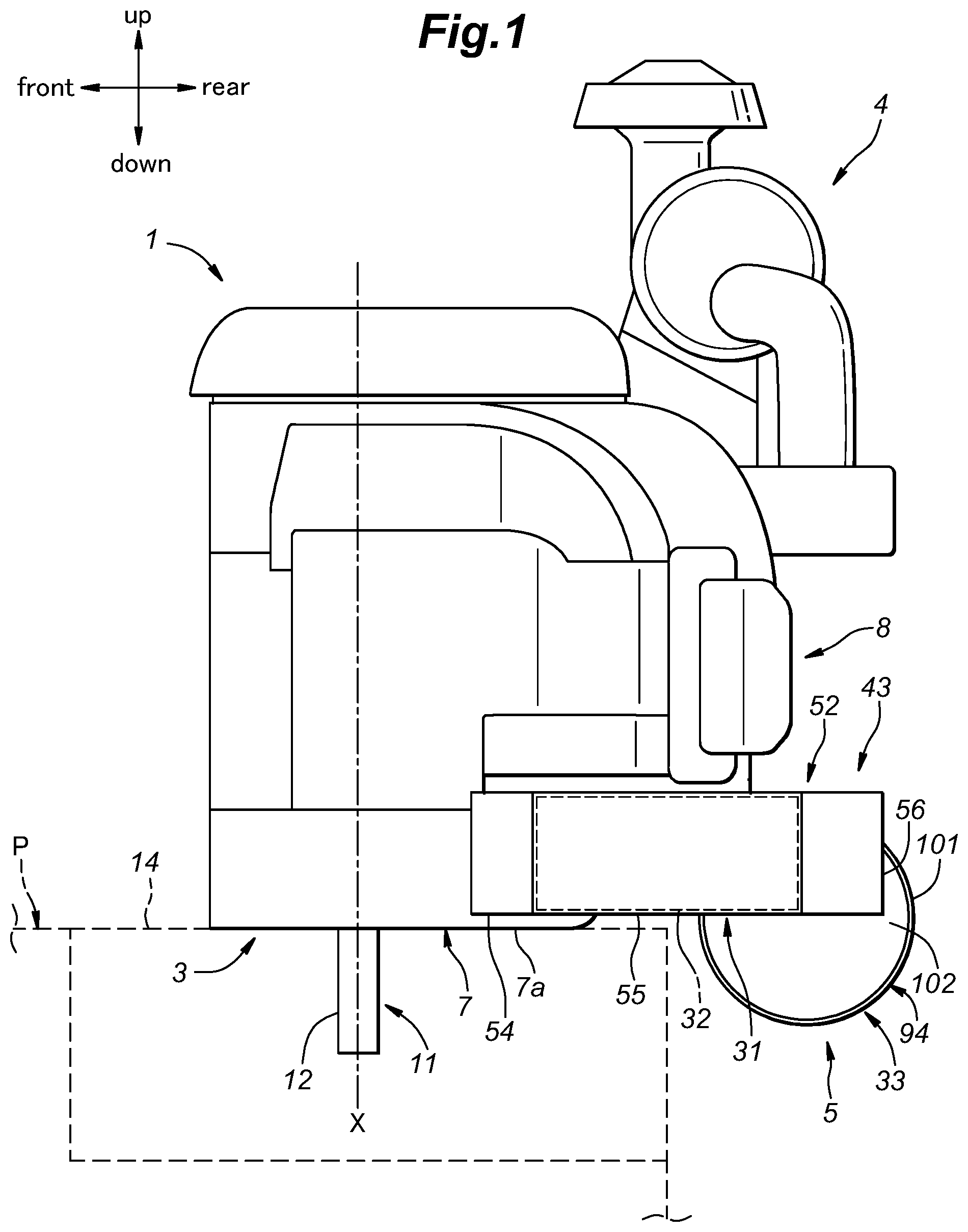 Patent US12134979 — V-type engine including catalyst extending in height direction of engine body and work machine including same — Figure 1