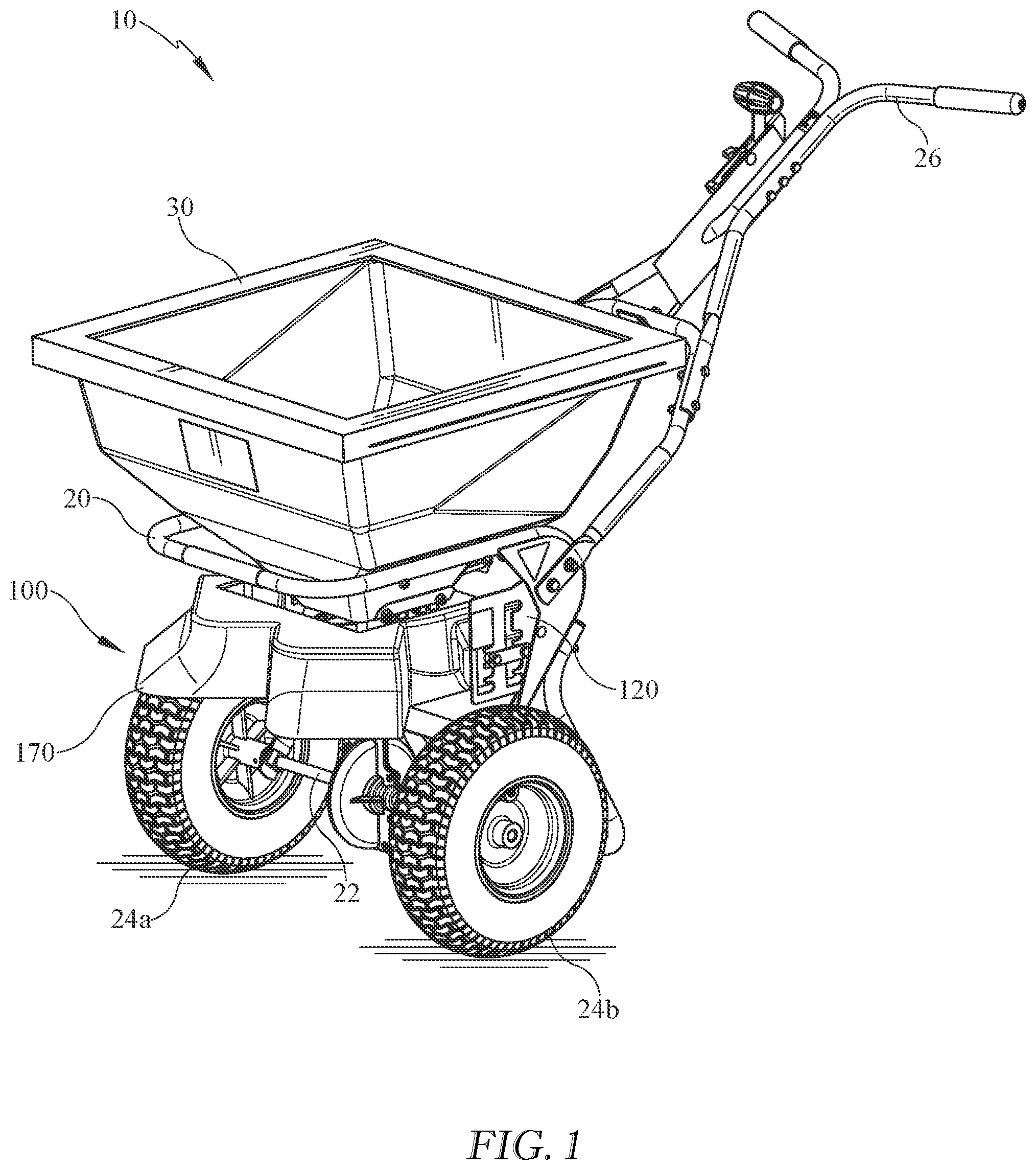 Patent US12137627 — Adjustable deflector assembly for a broadcast spreader — Figure 1