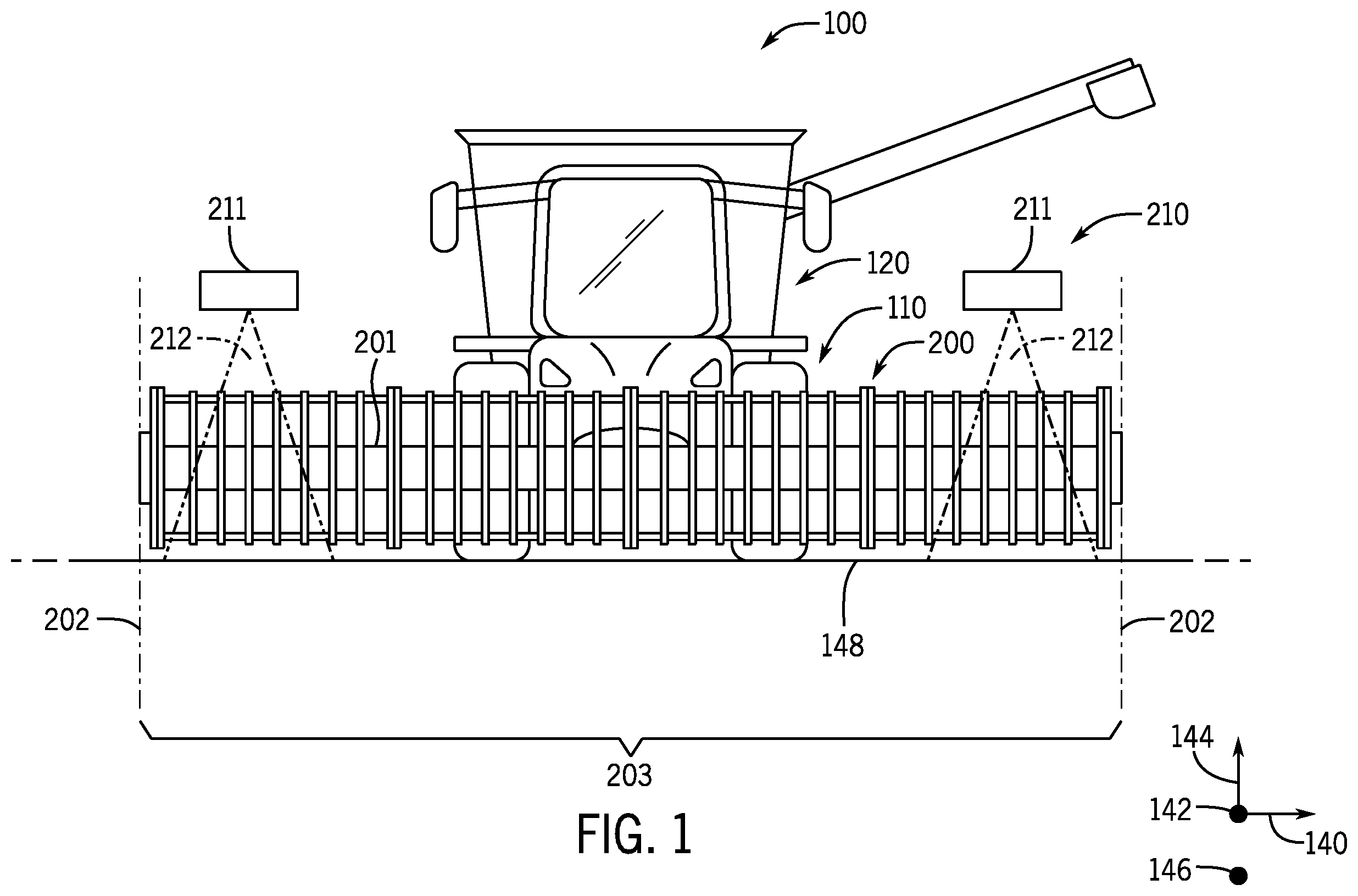 Patent US12137630 — Sensor assembly for an agricultural header — Figure 1