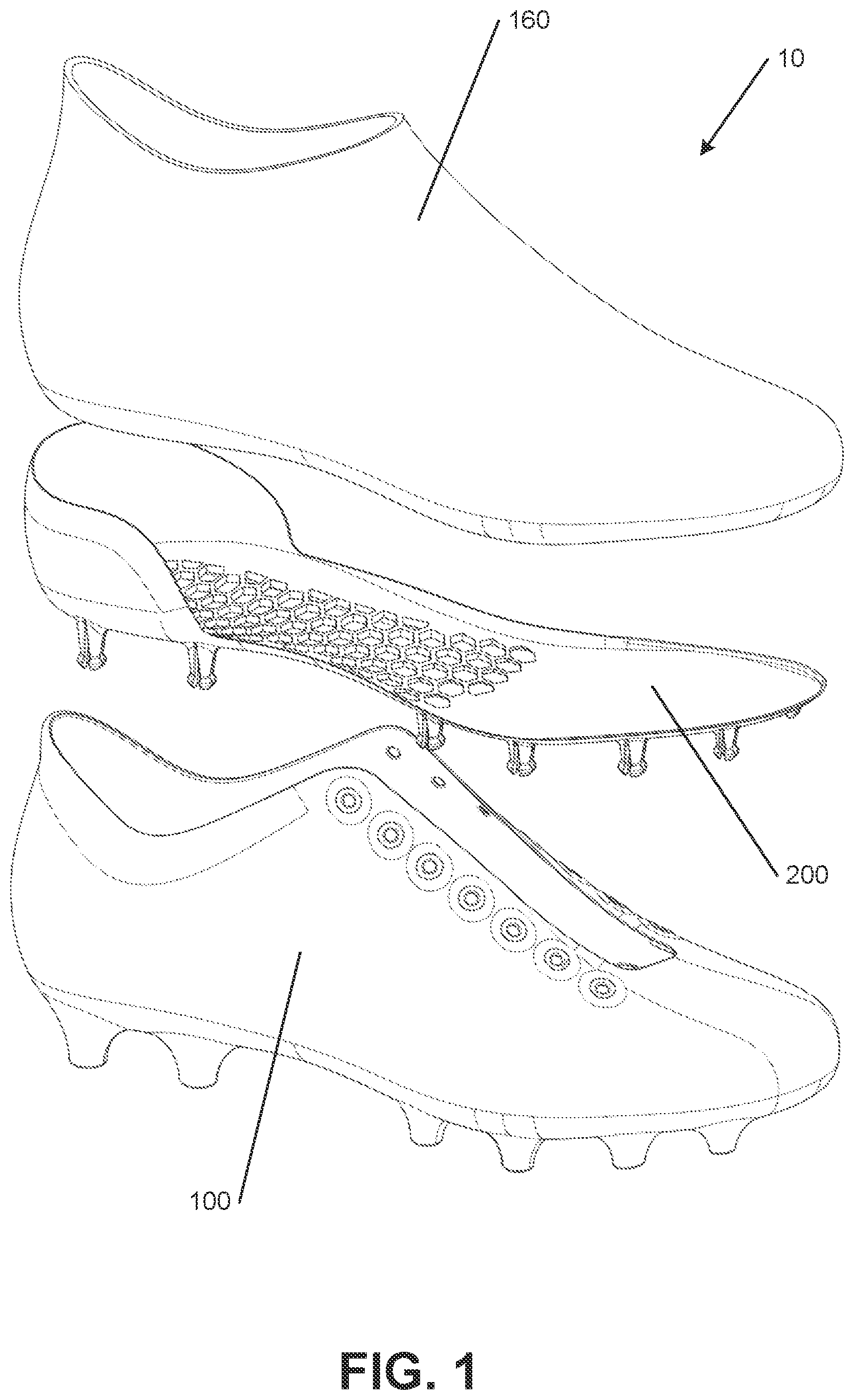 Patent US12137775 Figure 1 – Sole structures and articles of footwear having separate outsole and midsole components