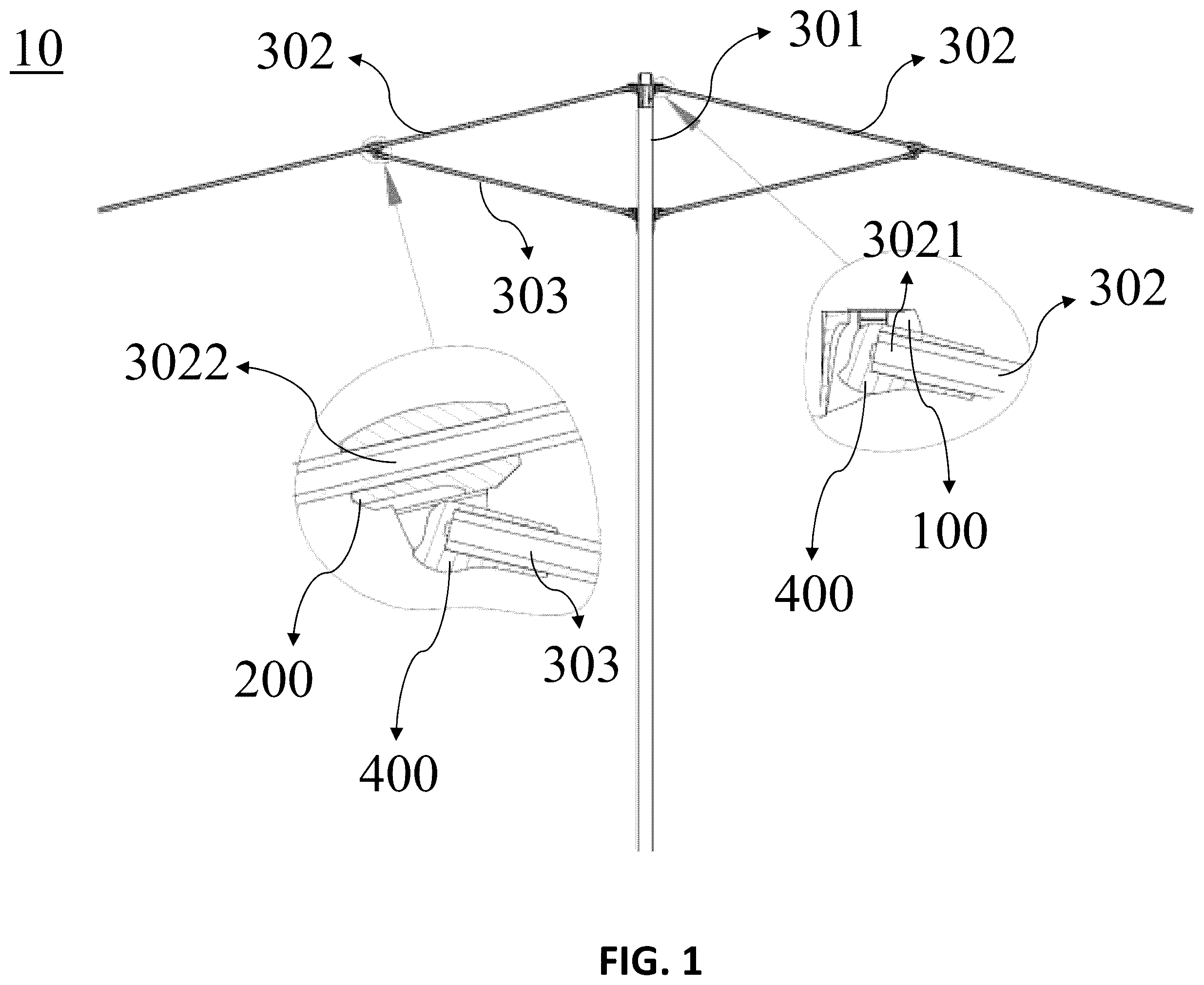 Patent US12137779 — 3-in-1 connector system for shading structure — Figure 1