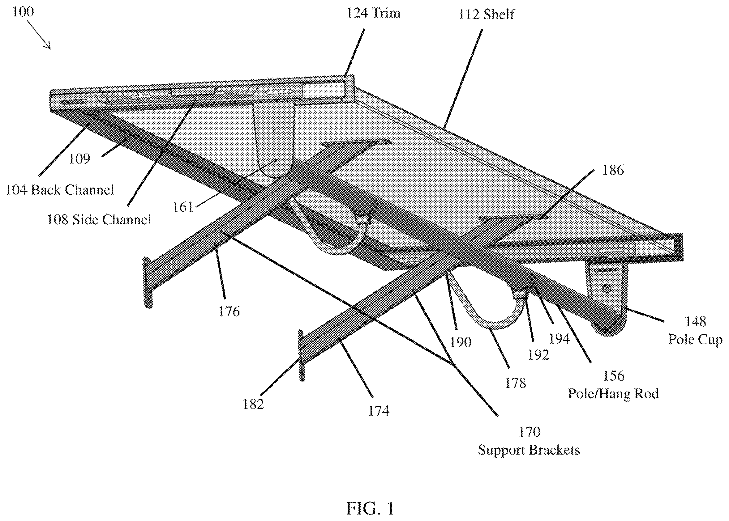 Patent US12137802 — Storage systems including back channels and walls mountable along the back channels — Figure 1