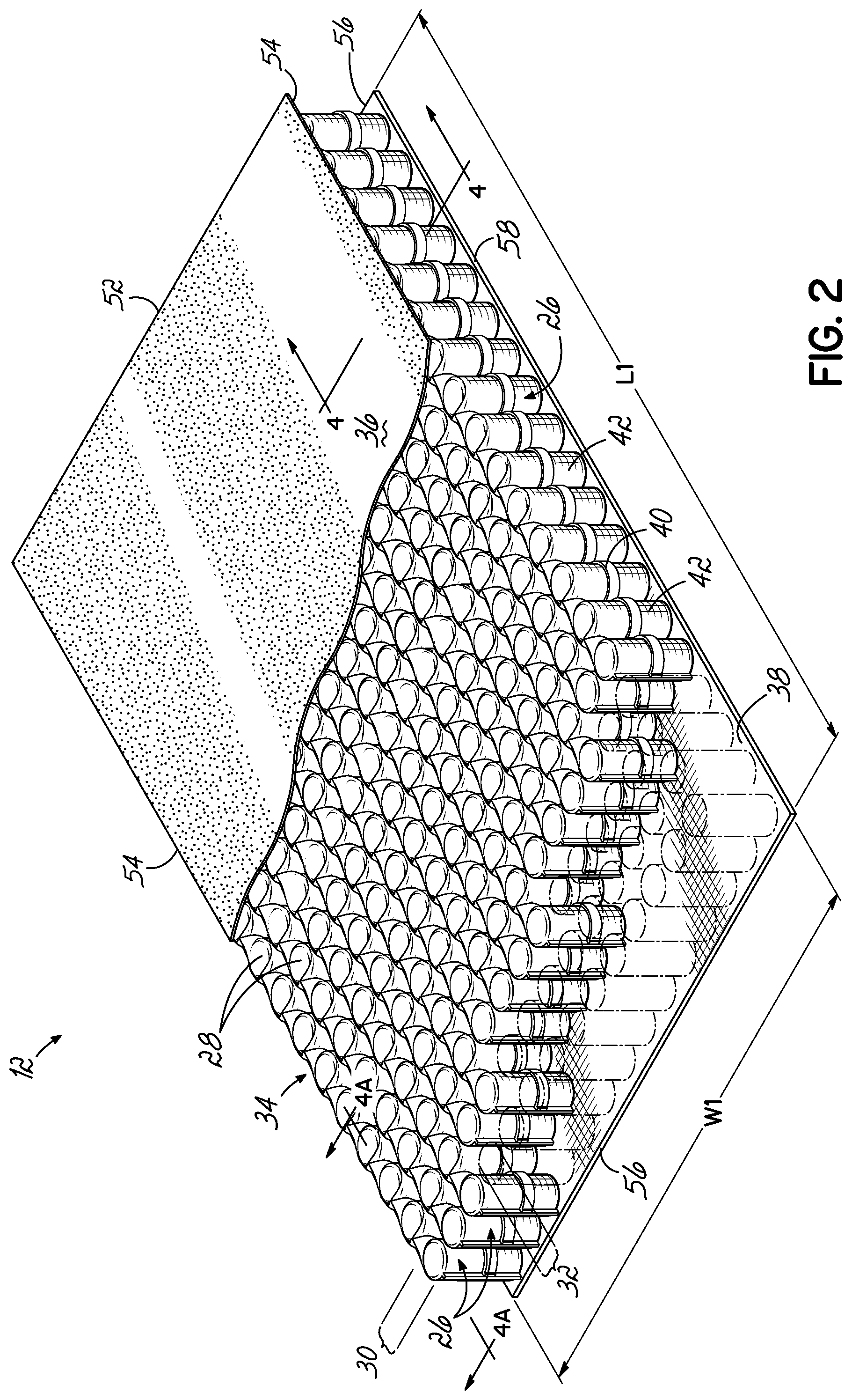 Patent US12137813 Figure 2 – Pocketed spring assembly having dimensionally stabilizing substrate