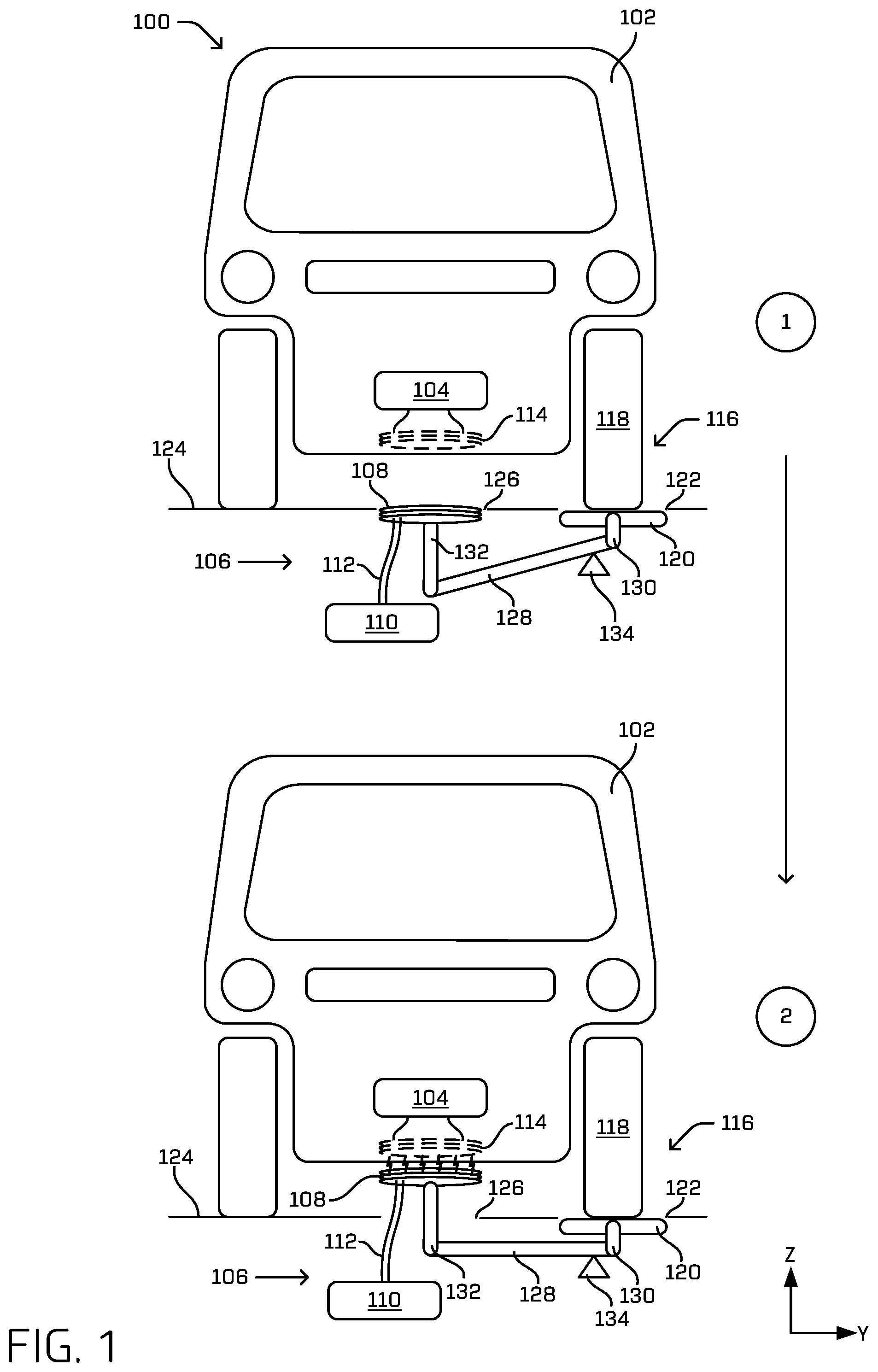 Patent US12139030 Figure 1 – Lift mechanism for aligning charging elements to charge vehicle