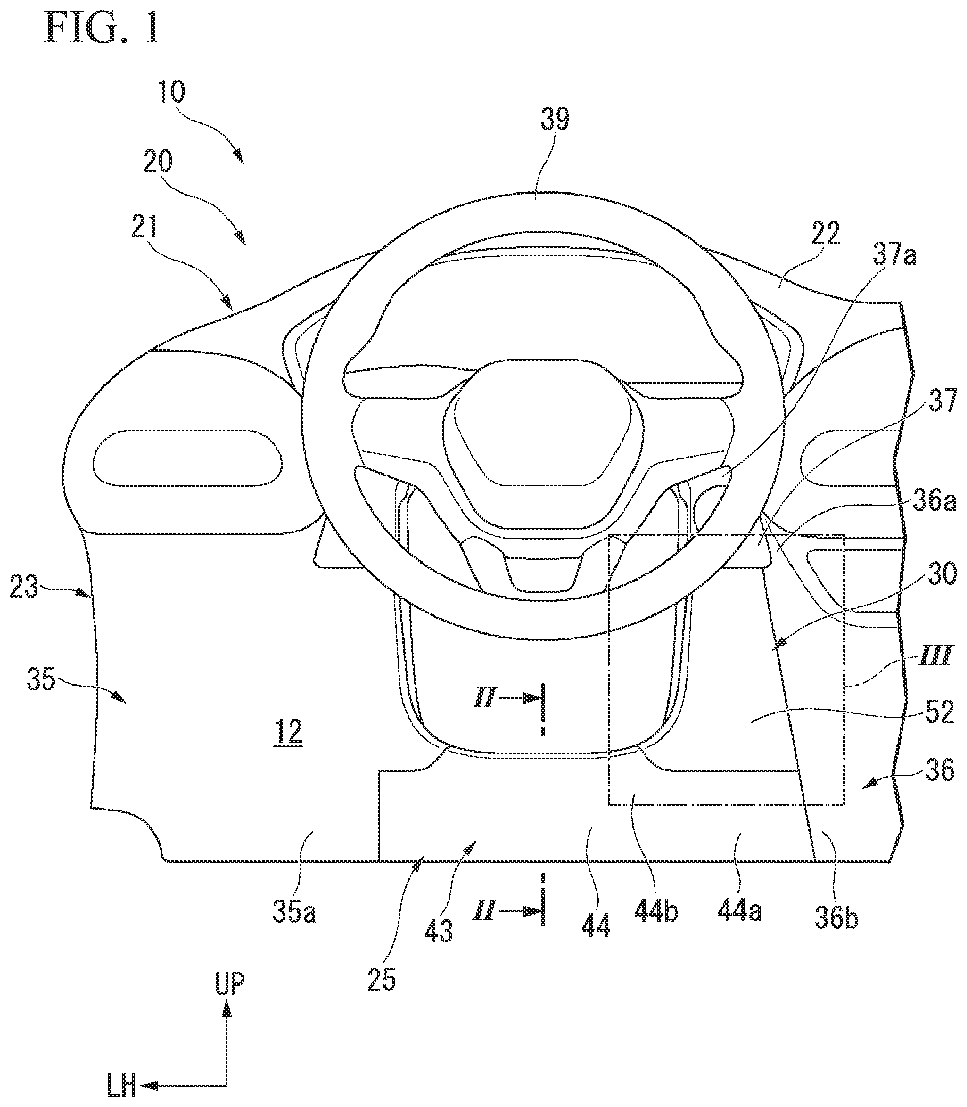 Patent US12139090 — Instrument panel structure with knee airbag — Figure 1