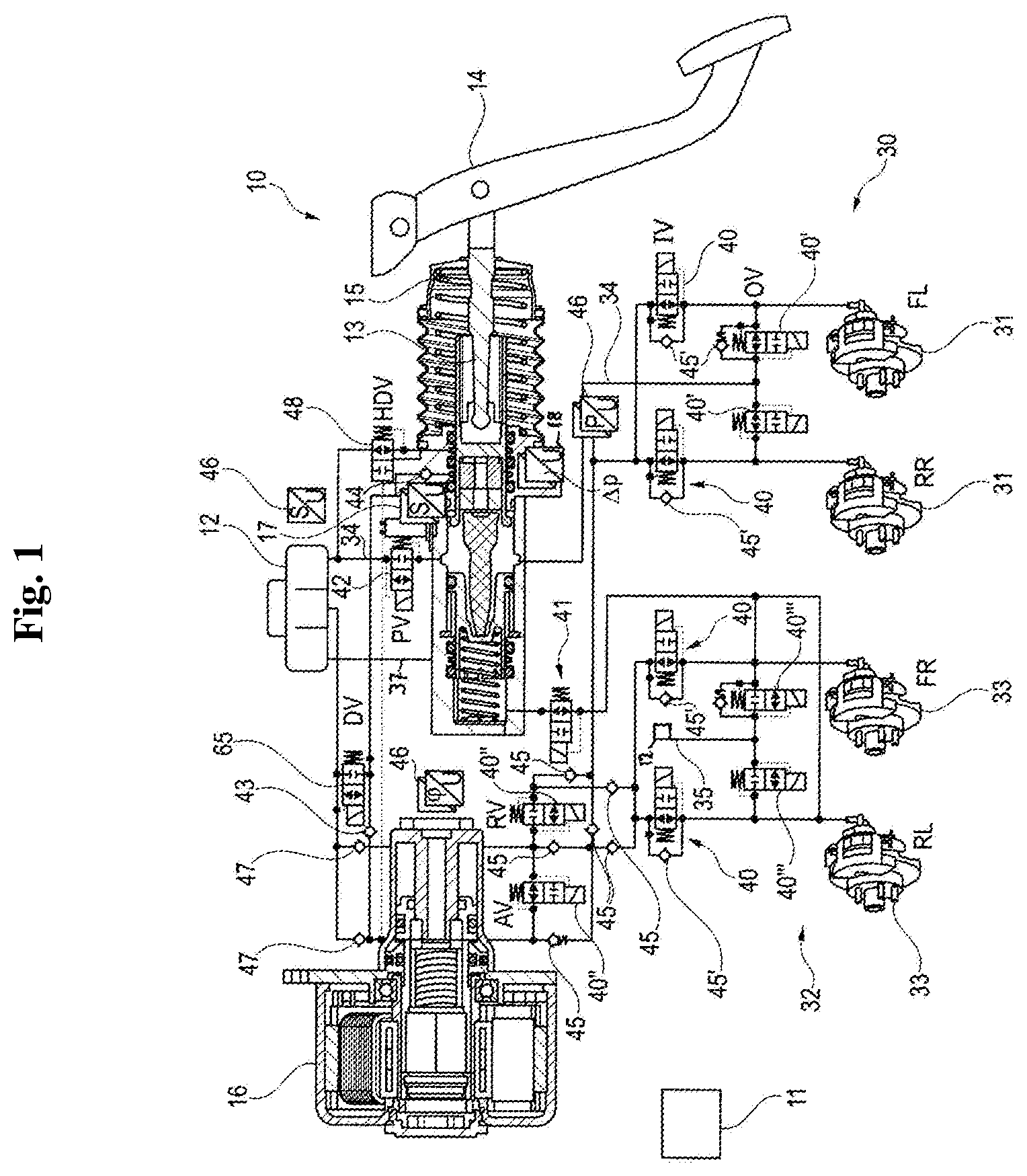 Patent US12139111 — Brake system including a master cylinder with an elastic pedal feel element — Figure 1