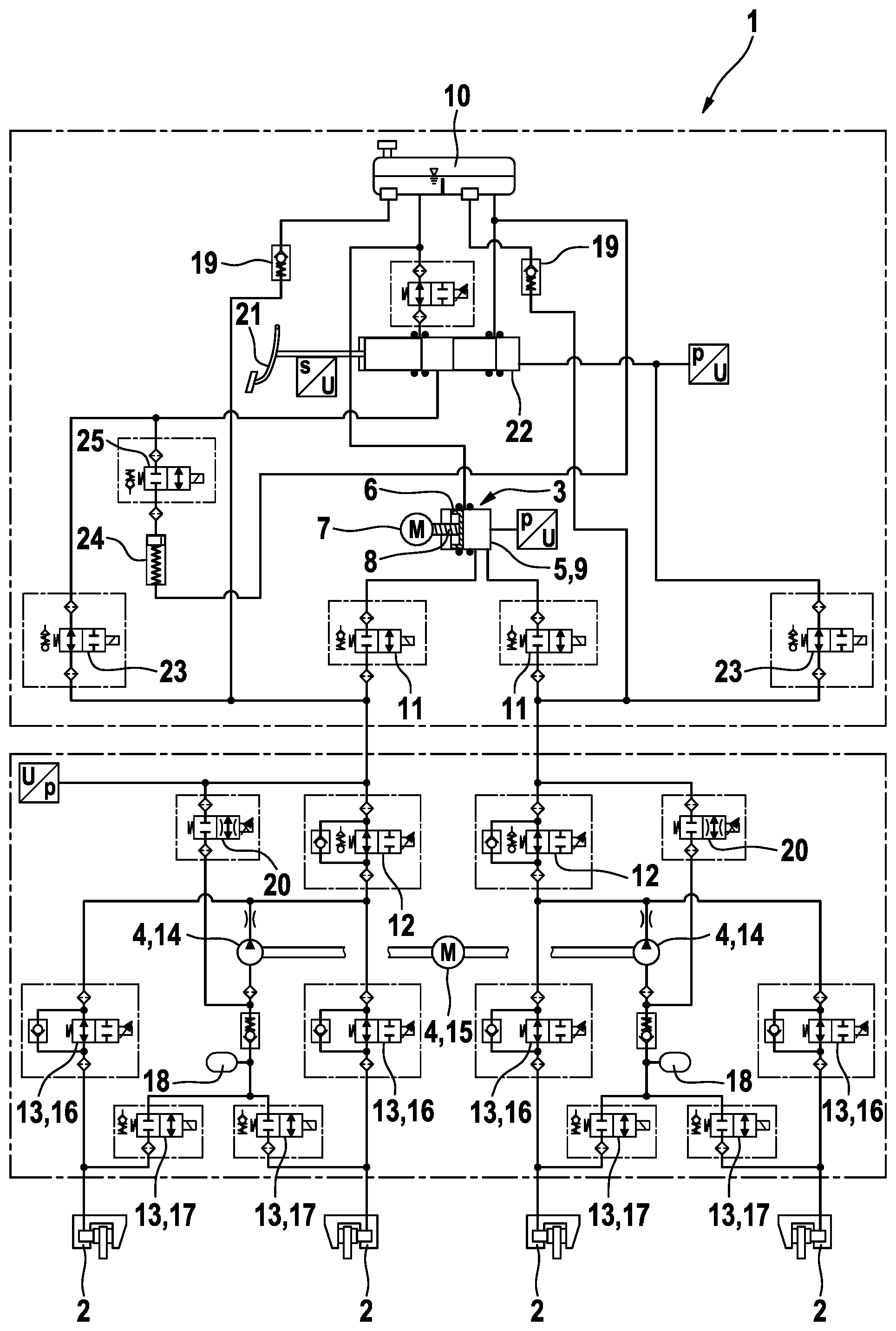 Patent US12139125 — Electrohydraulic power vehicle braking system for an autonomously driving land vehicle — Figure 1
