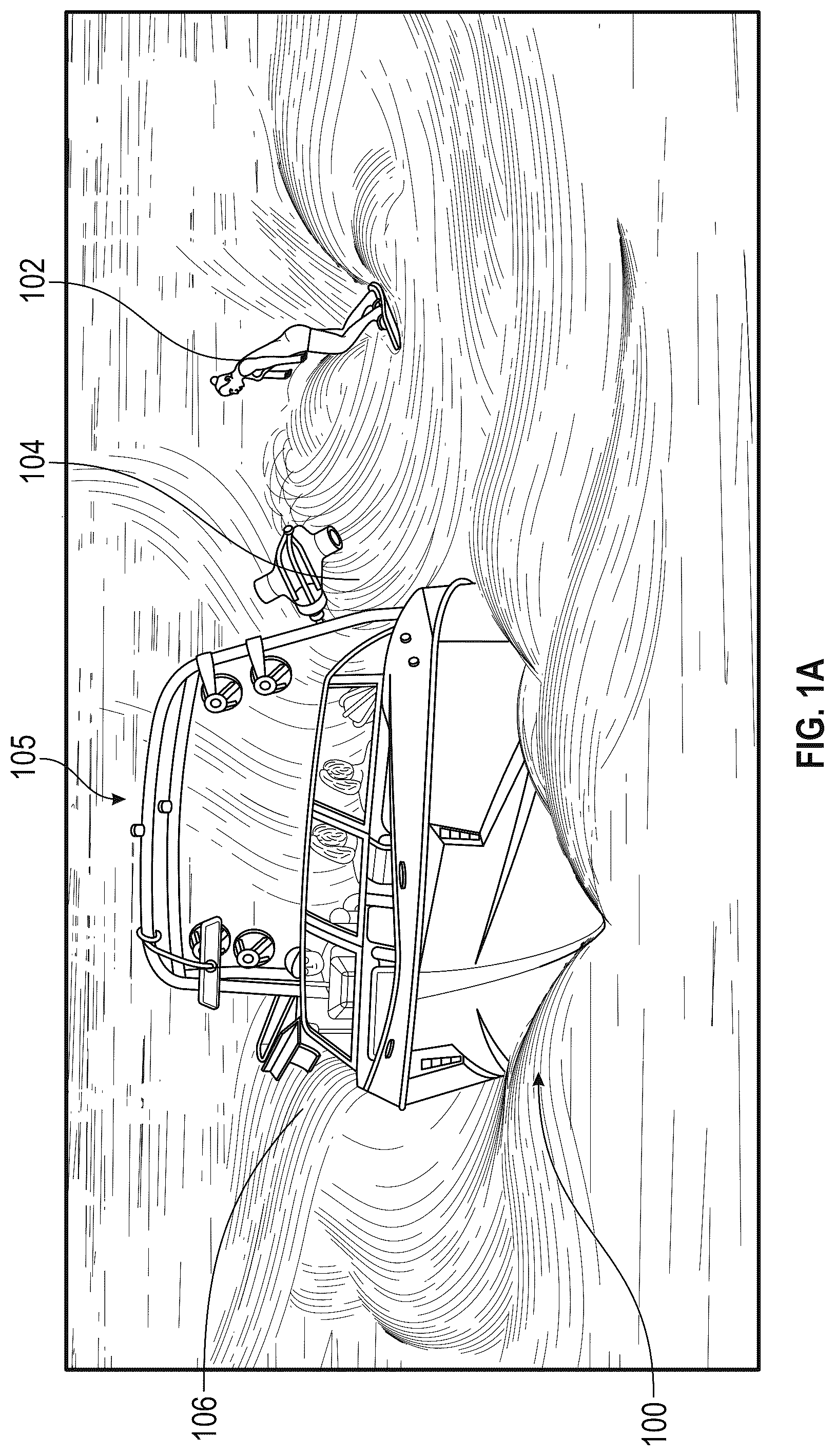 Patent US12139236 — Water sports boat with foil displacement system — Figure 1