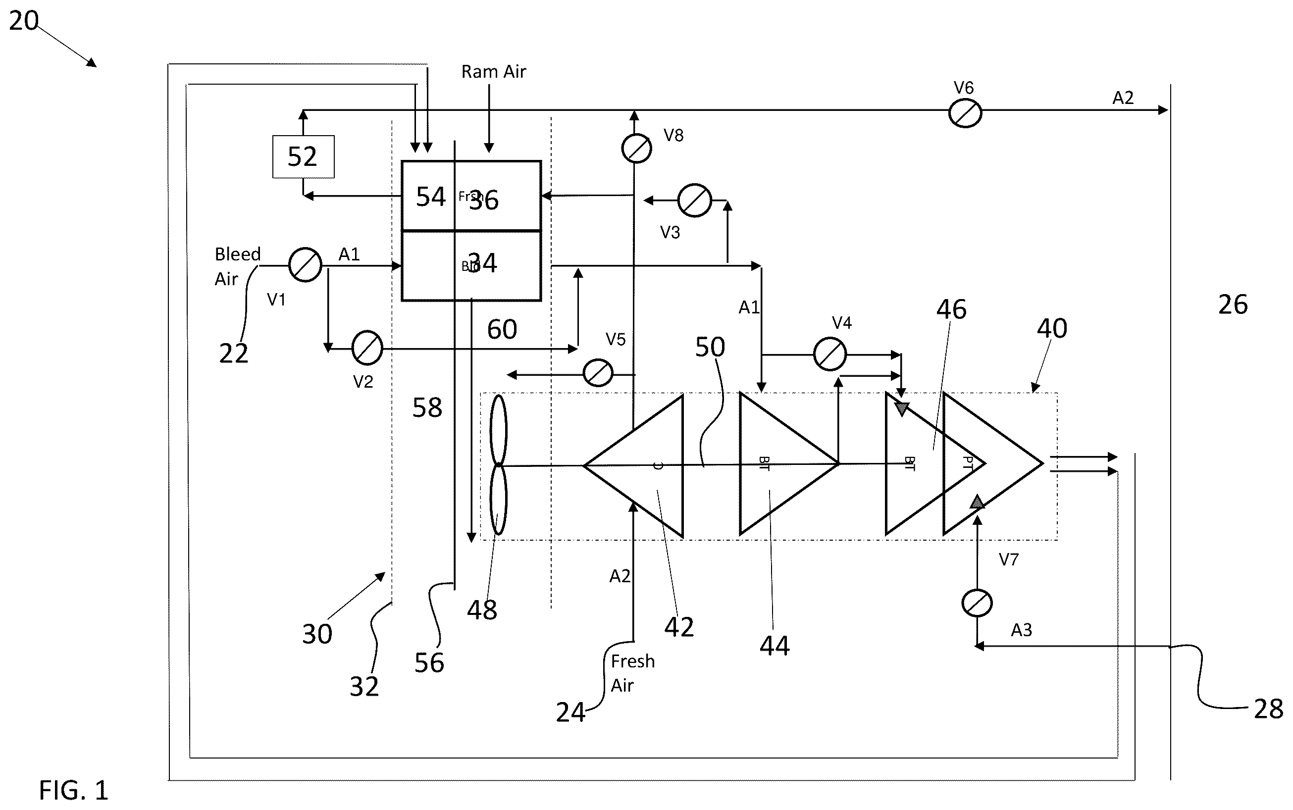 Patent US12139260 Figure 1 – Ambient air architecture with single ACM without an ambient turbine
