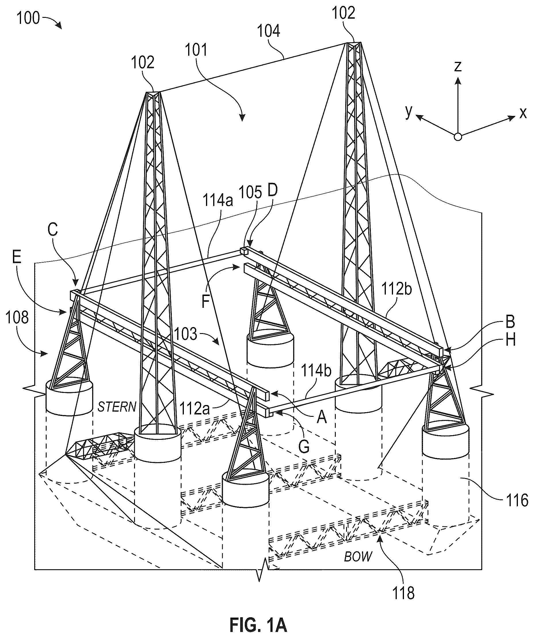 Patent US12139278 — System for receiving a descending rocket on a semisubmersible vessel using a suspended cable — Figure 1