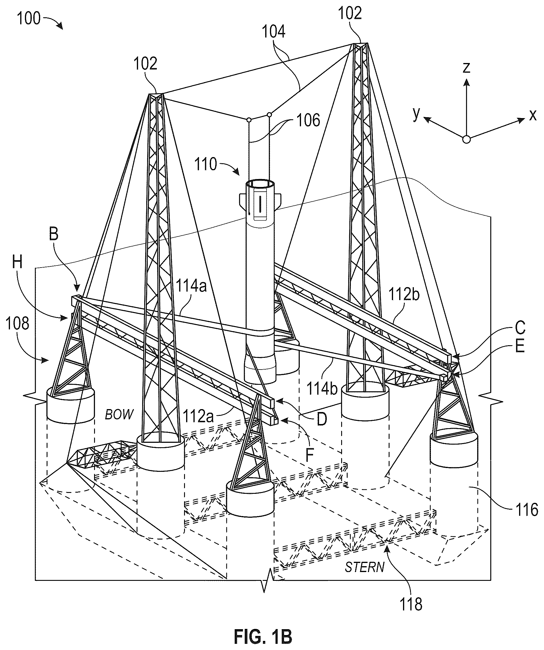 Patent US12139278 Figure 2 – System for receiving a descending rocket on a semisubmersible vessel using a suspended cable