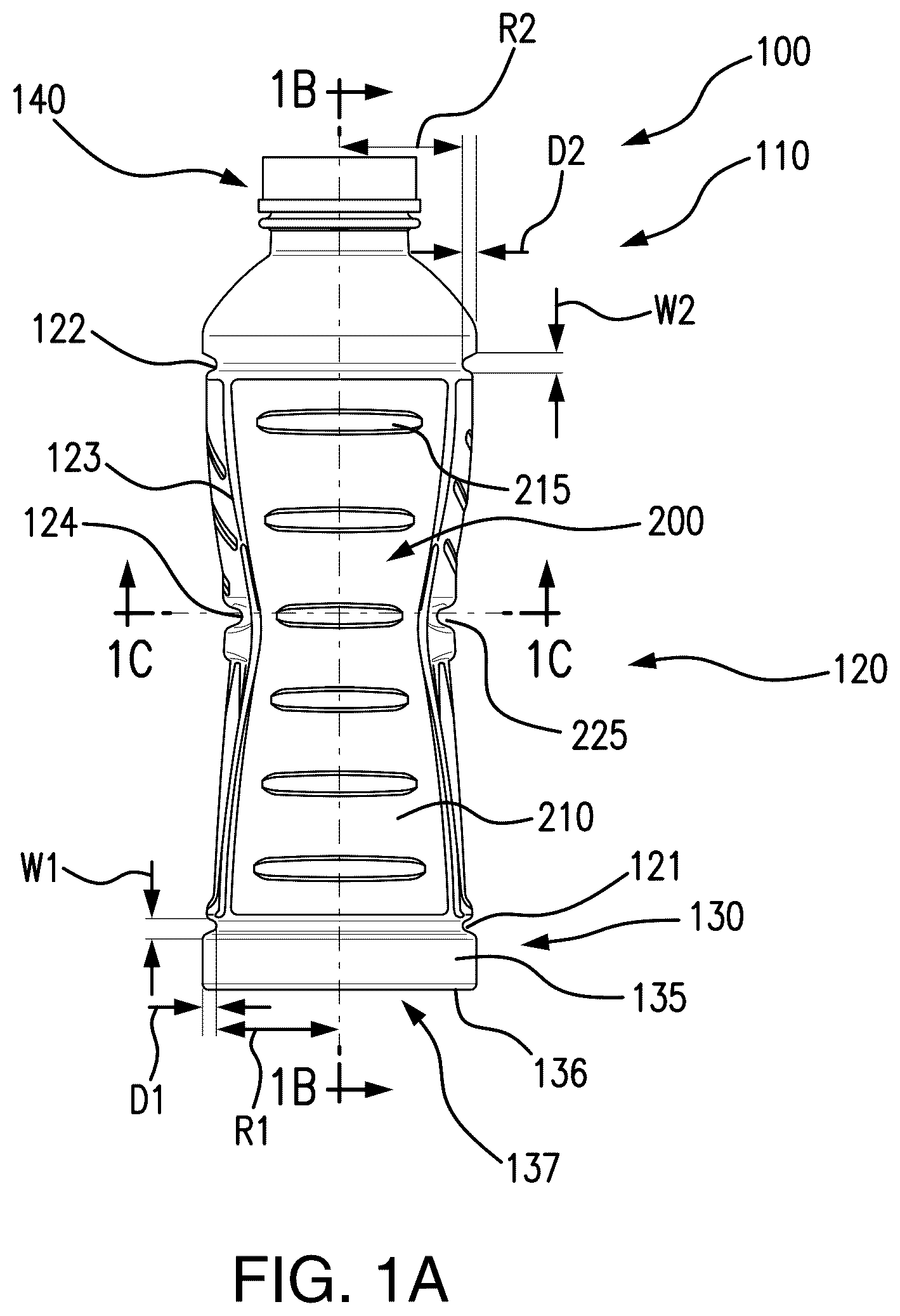 Patent US12139298 — Hot-fillable plastic container — Figure 1