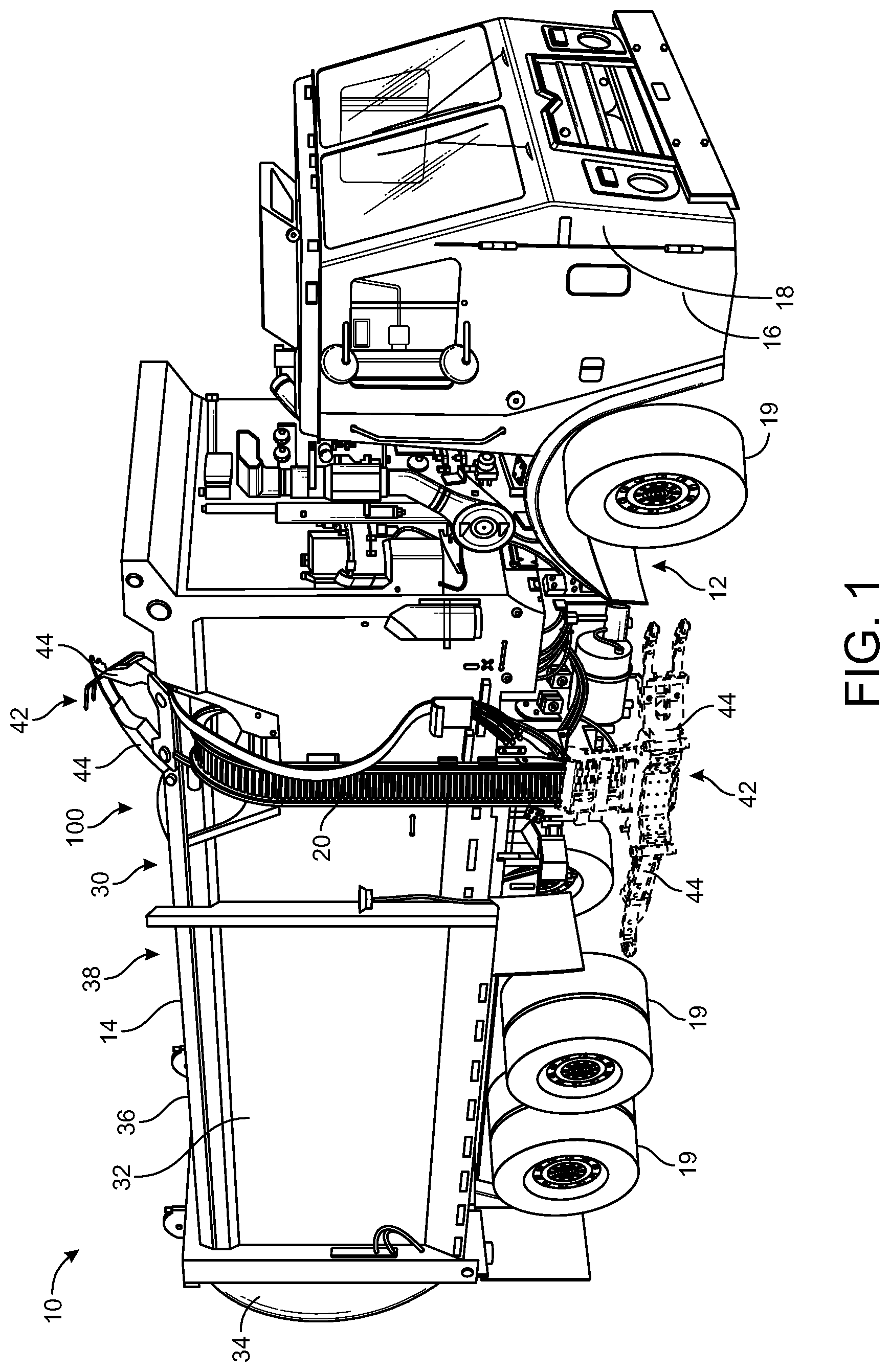Patent US12139329 Figure 1 – Refuse vehicle with electric lift