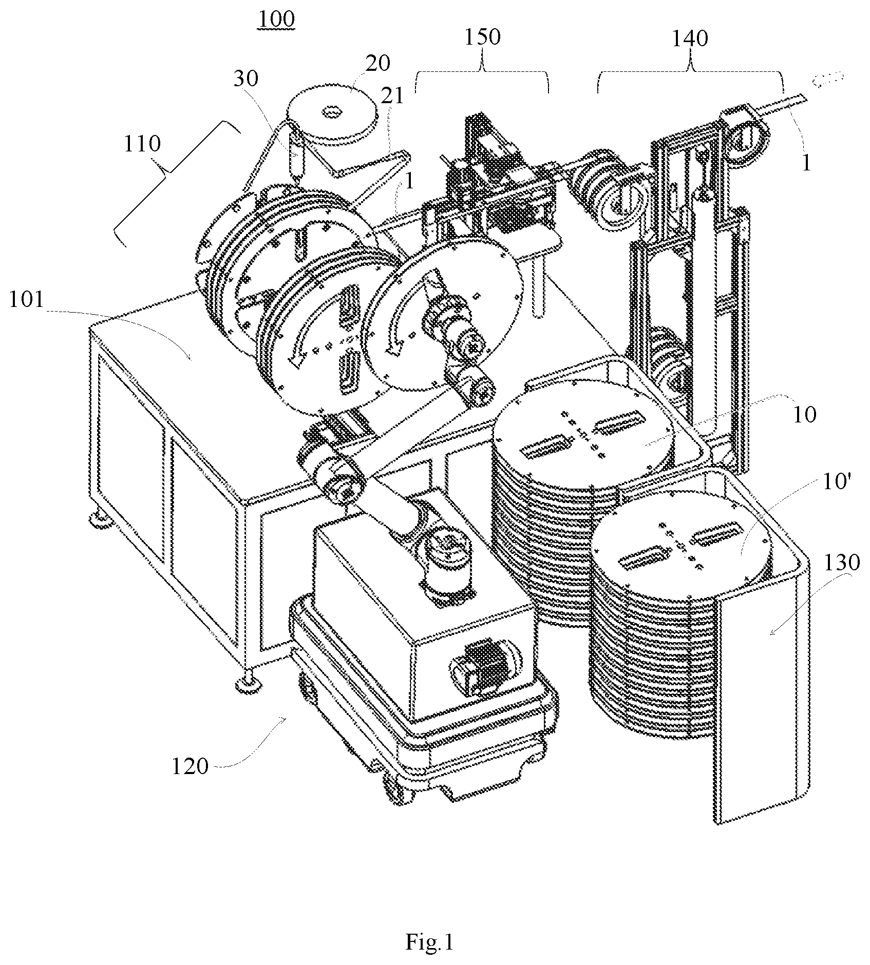 Patent US12139357 — Material strip processing system — Figure 1