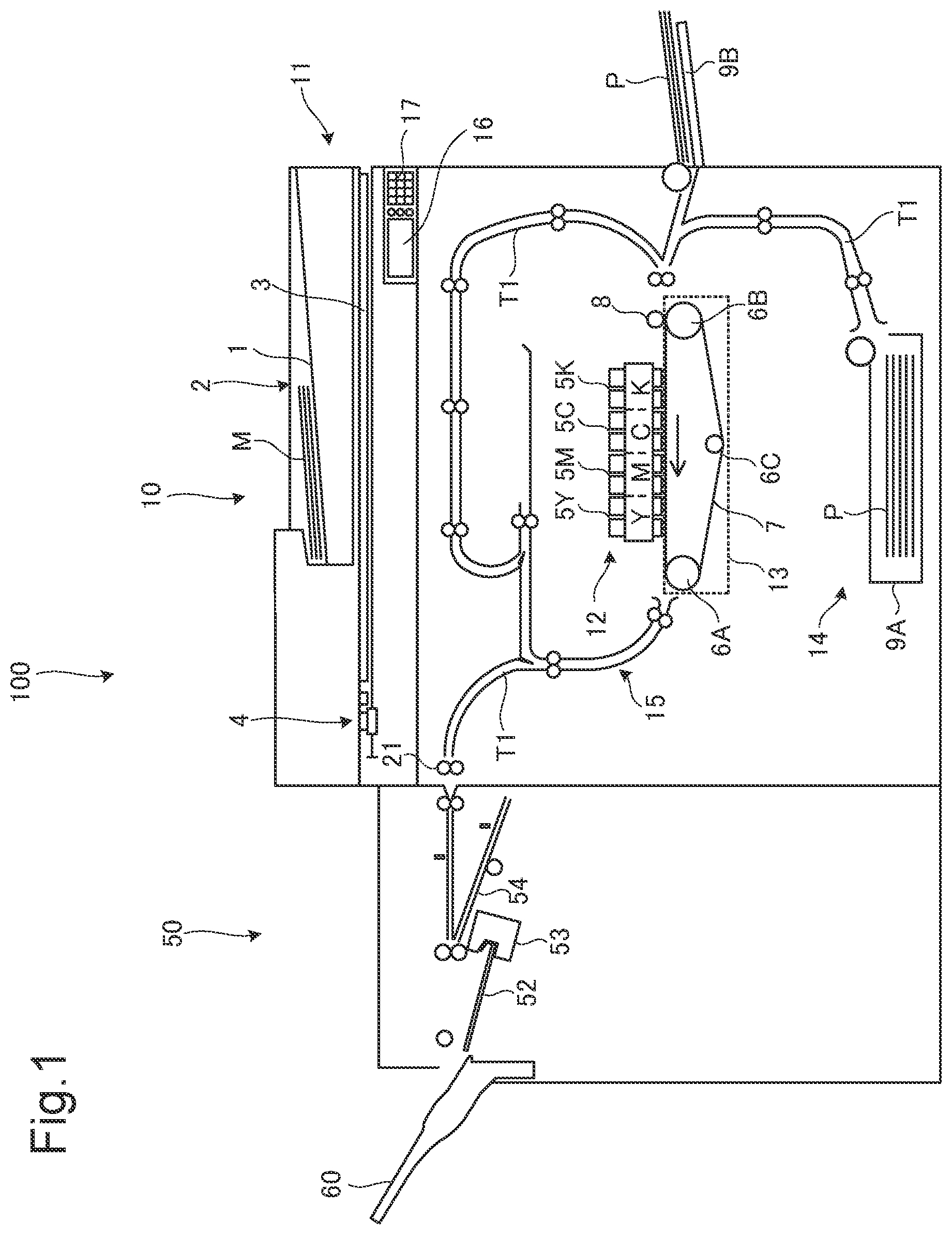 Patent US12139360 — Postprocessing device that transports preceding recording medium on sidetrack, with following recording medium transported along sheet transport path stacked on preceding one, to processing tray, and image forming system — Figure 1