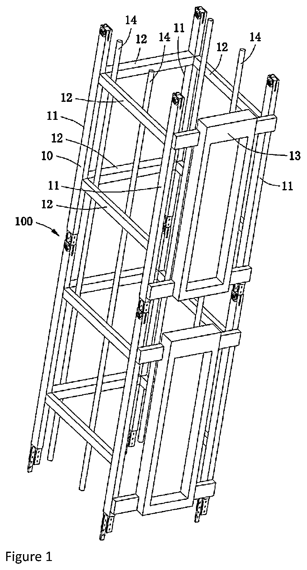 Patent US12139371 — Connecting mechanism, elevator shaft module and elevator system — Figure 1