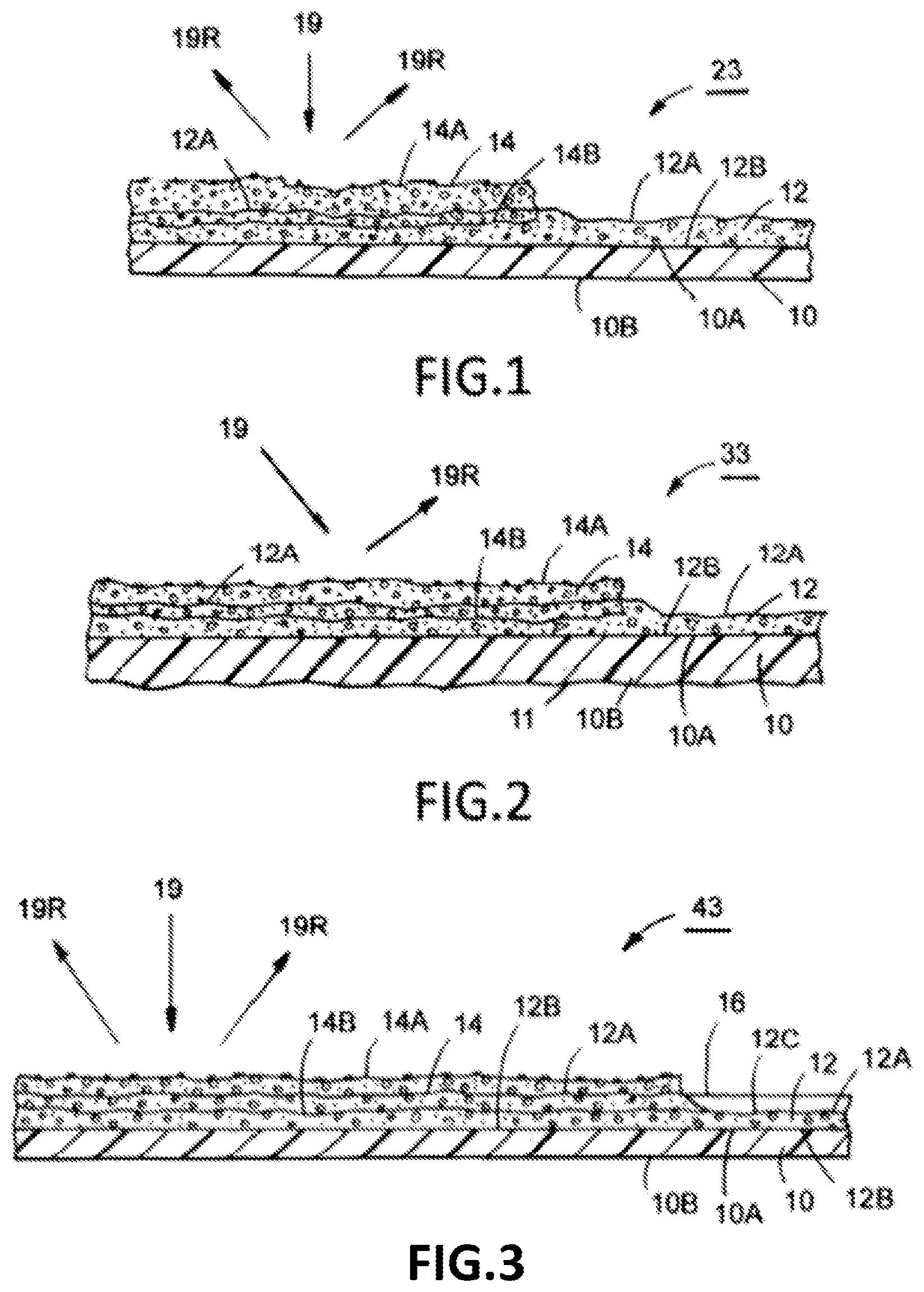 Patent US12139644 — Dual lap high strength adhesive for sheet membrane application, having reflectivity granular particle layer to fully bond to concrete/shotcrete, and a method of making, and using same — Figure 1