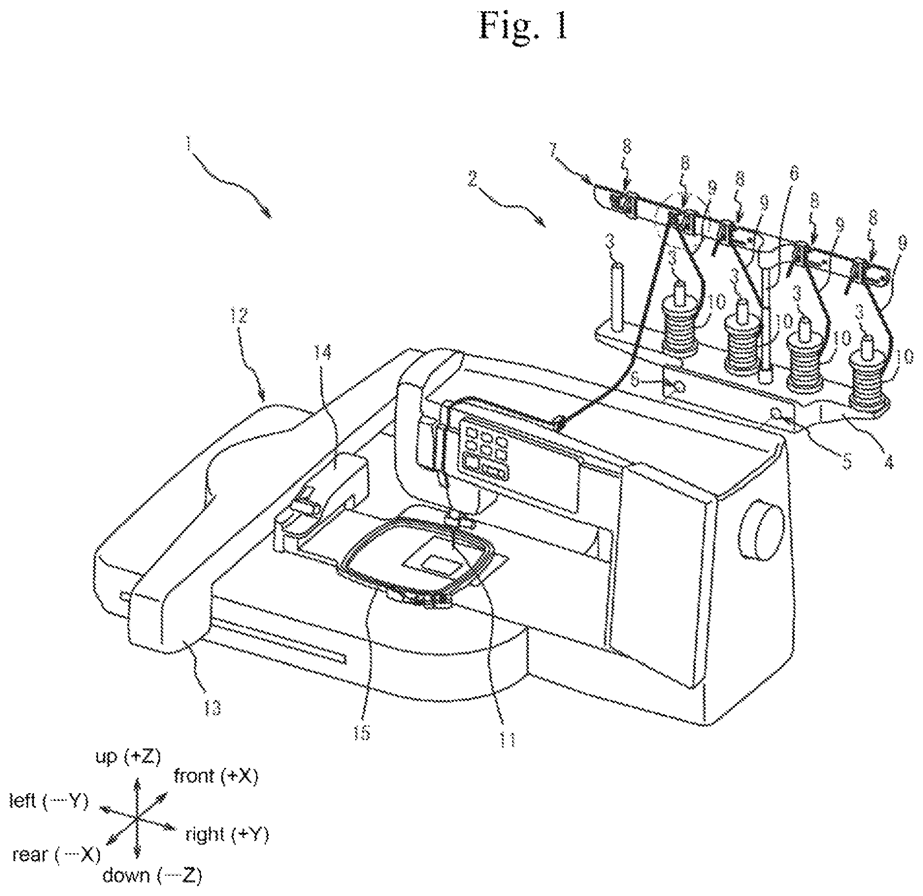 Patent US12139832 Figure 1 – Thread standing device and sewing machine