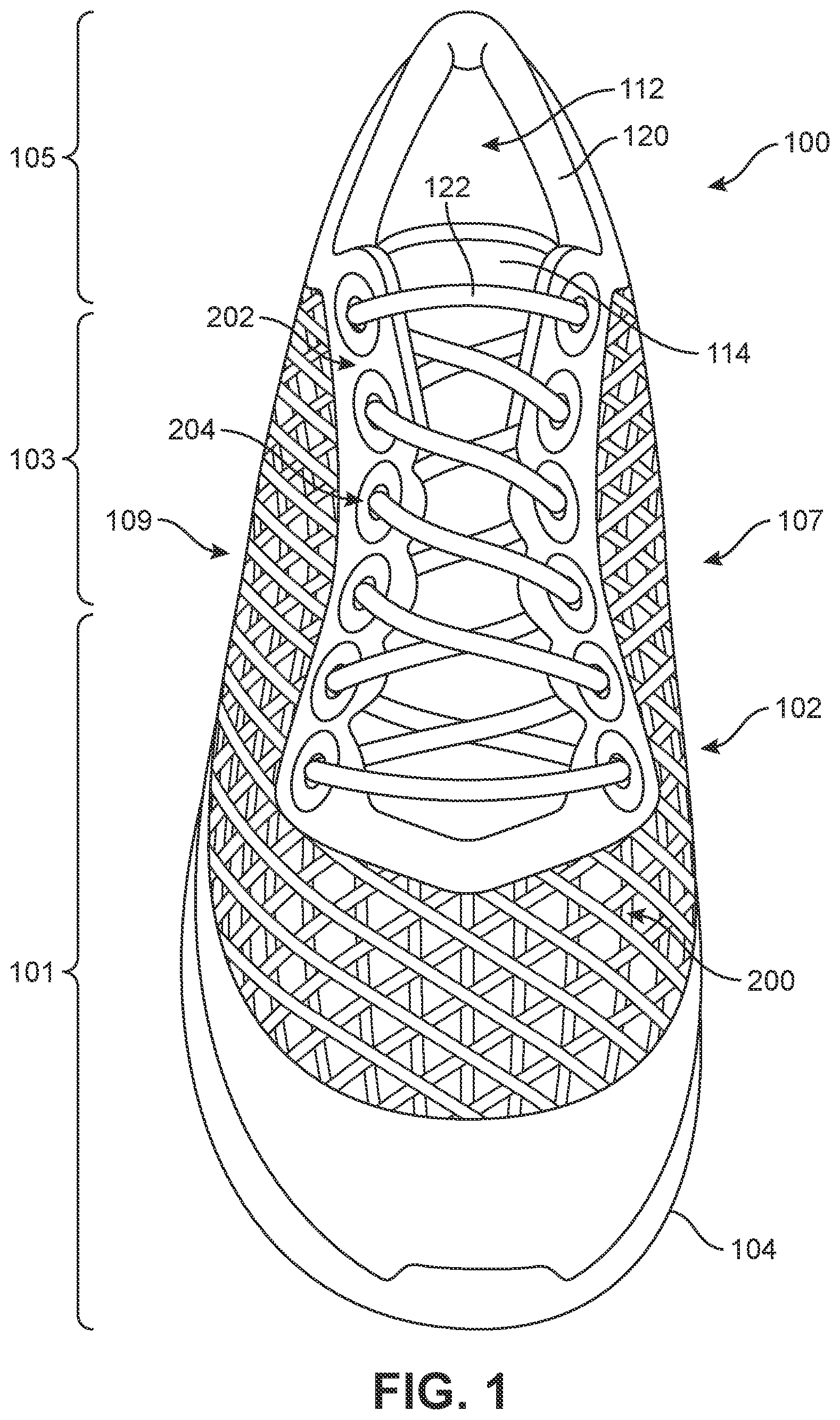Patent US12139835 — Method of making article with ribbon structure and embroidered edges — Figure 1